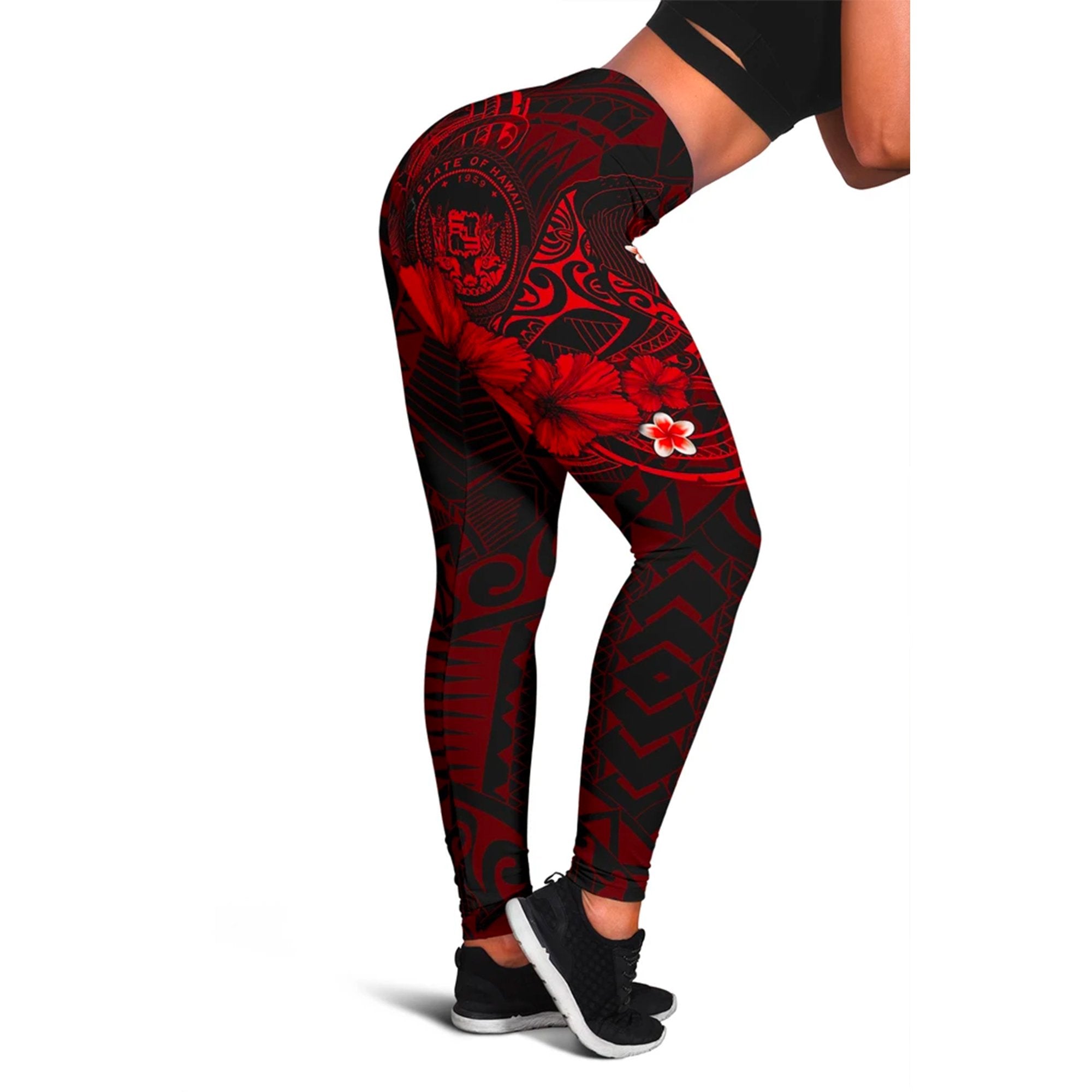 Polynesian Hawaii Women's Leggings - Humpback Whale with Hibiscus (Red) Red - Polynesian Pride