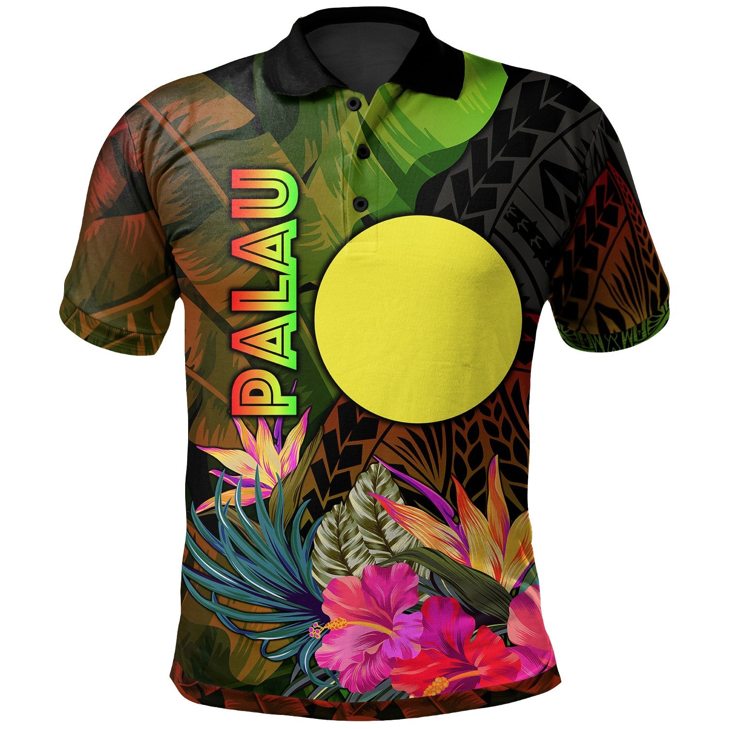 Palau Polynesian Polo Hibiscus and Banana Leaves Unisex Reggae - Polynesian Pride