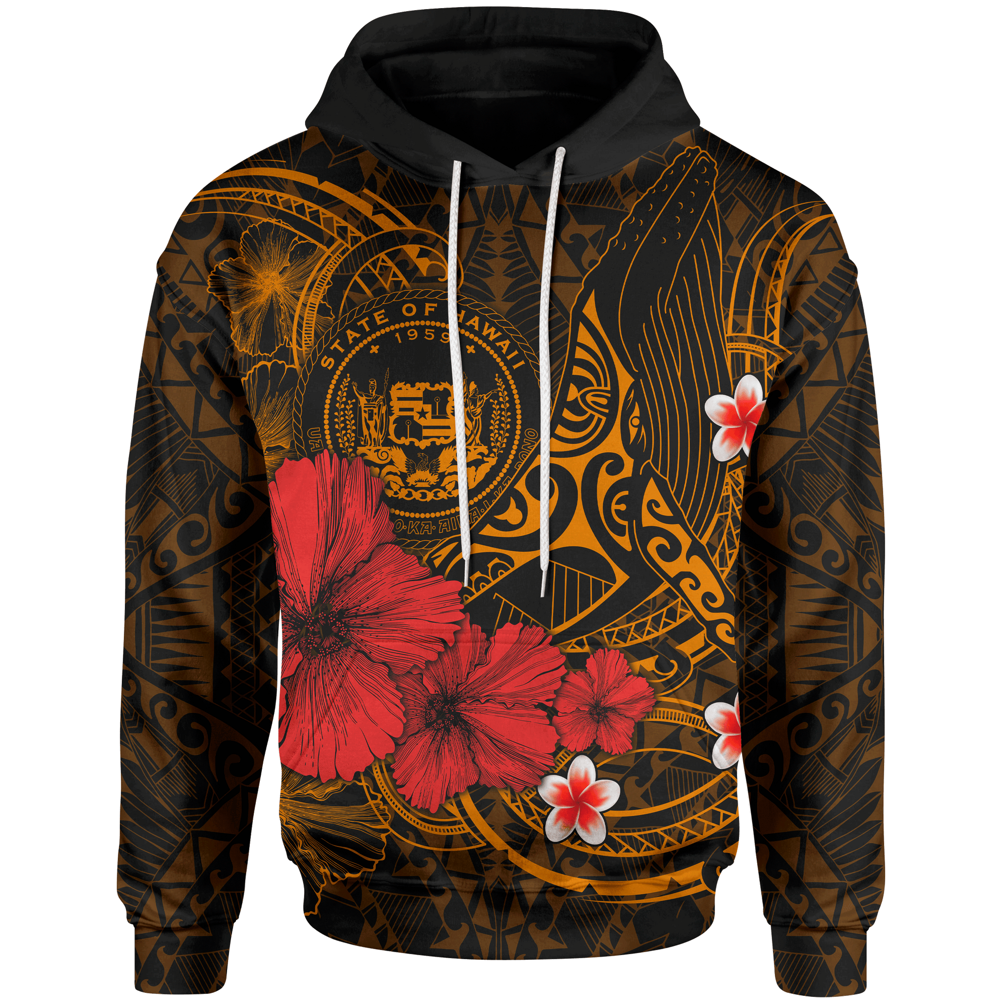 Polynesian Hawaii Hoodie Humpback Whale with Hibiscus (Golden) Unisex Golden - Polynesian Pride