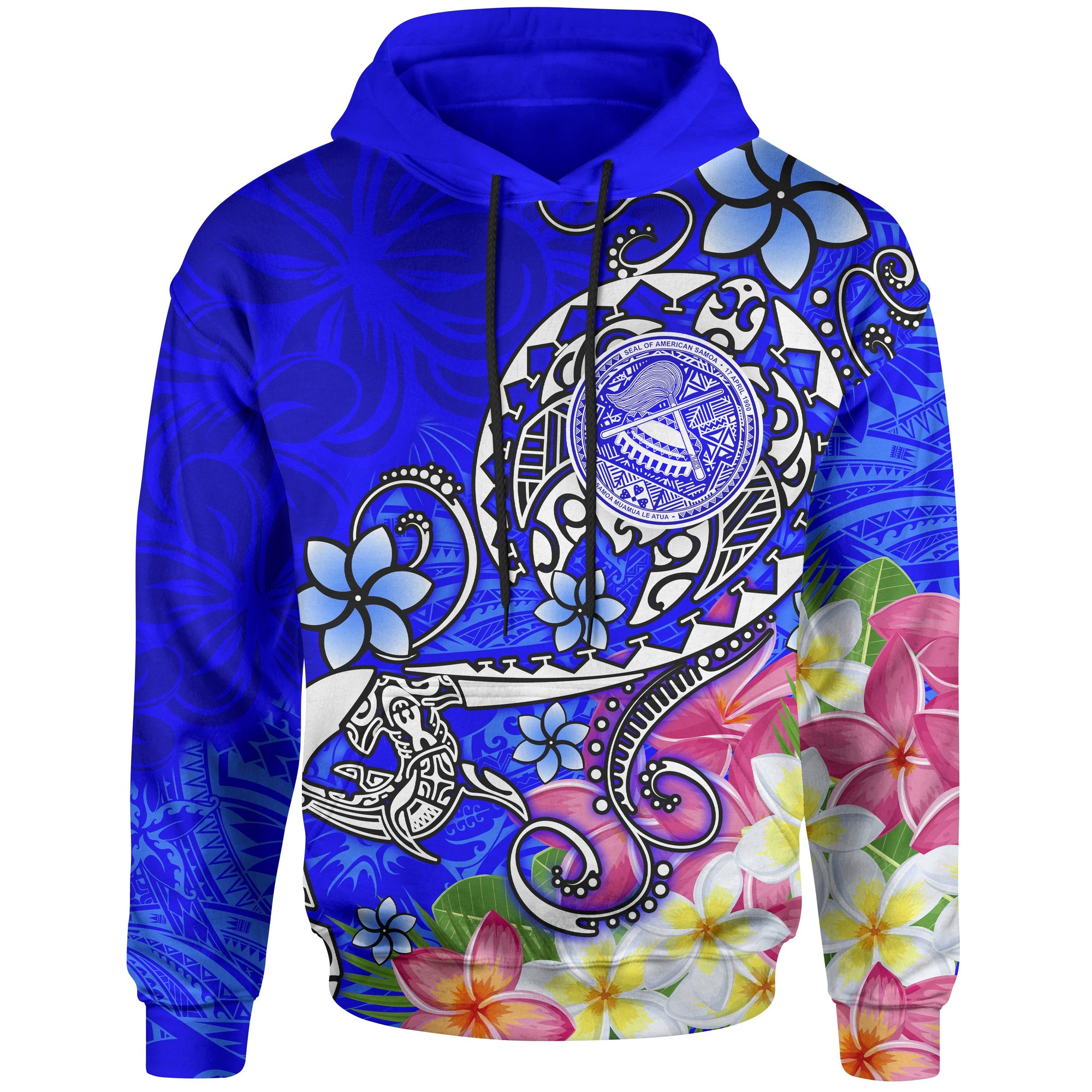 American Samoa Polynesian Hoodie Turtle Plumeria (Blue) Unisex Blue - Polynesian Pride