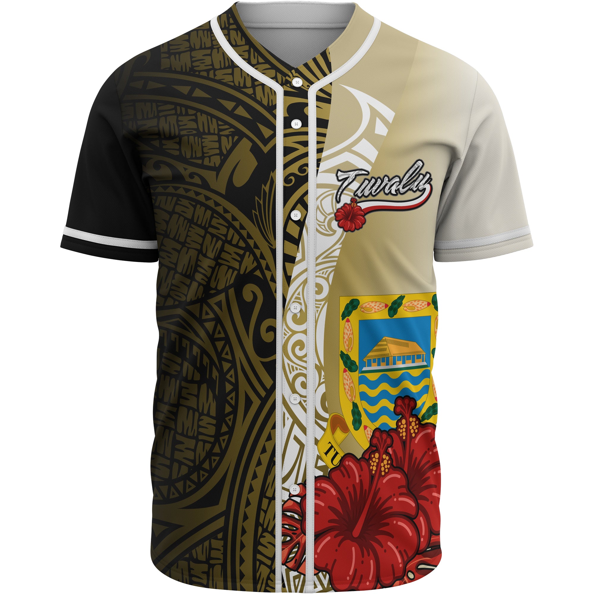 Tuvalu Polynesian Baseball Shirt - Coat Of Arm With Hibiscus Gold Unisex Gold - Polynesian Pride