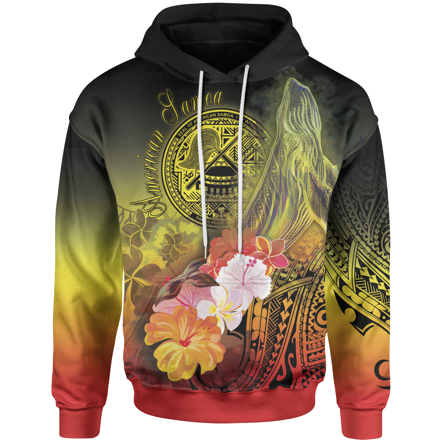 American Samoa Polynesian Hoodie Humpback Whale with Tropical Flowers Unisex Blue - Polynesian Pride