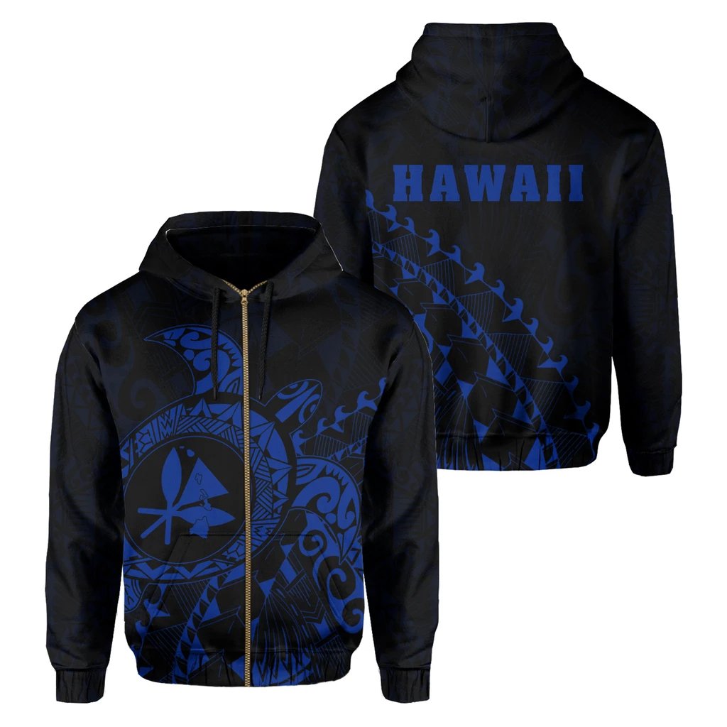 Kanaka Map Zipper Hoodie (Blue) Turtle Style Unisex Blue - Polynesian Pride