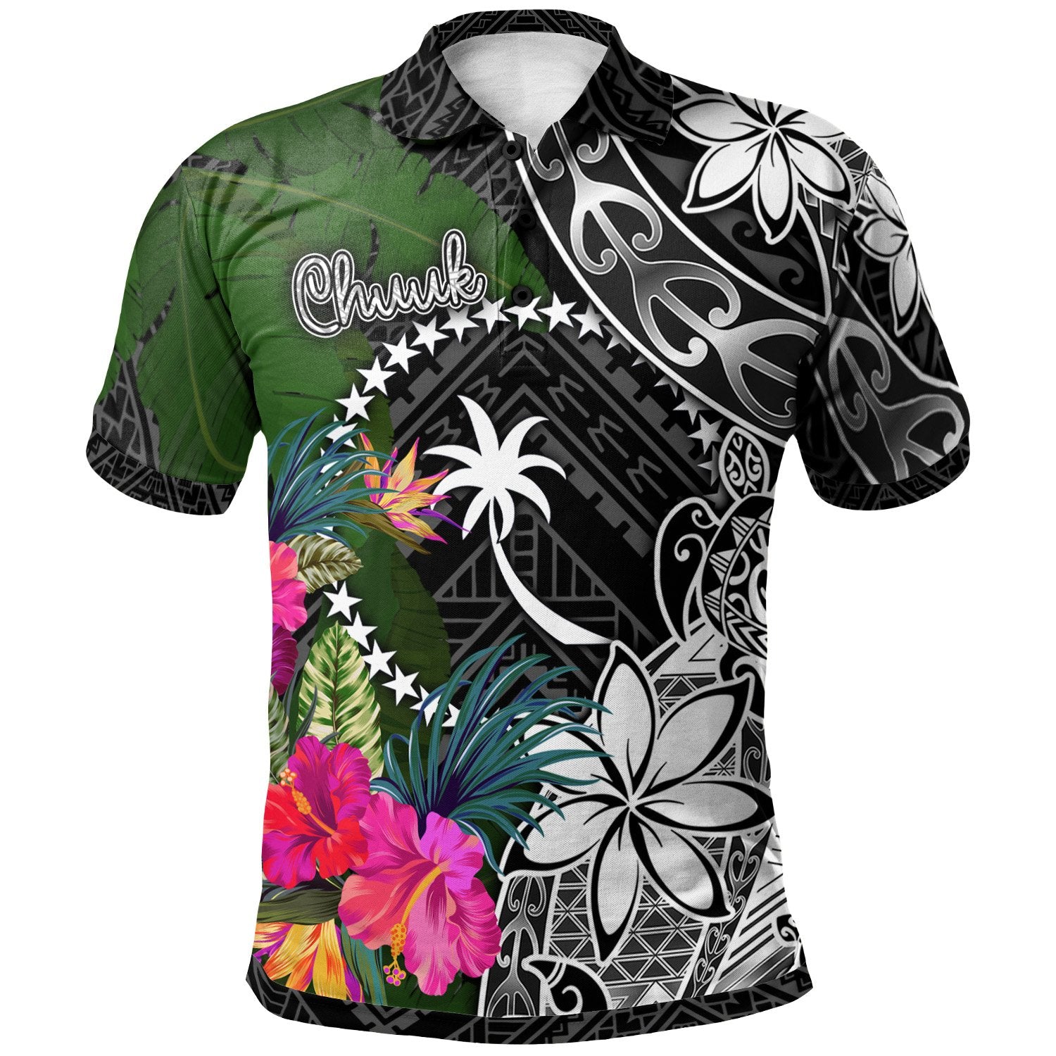 Chuuk Polo Shirt Turtle Plumeria Banana Leaf Unisex Black - Polynesian Pride