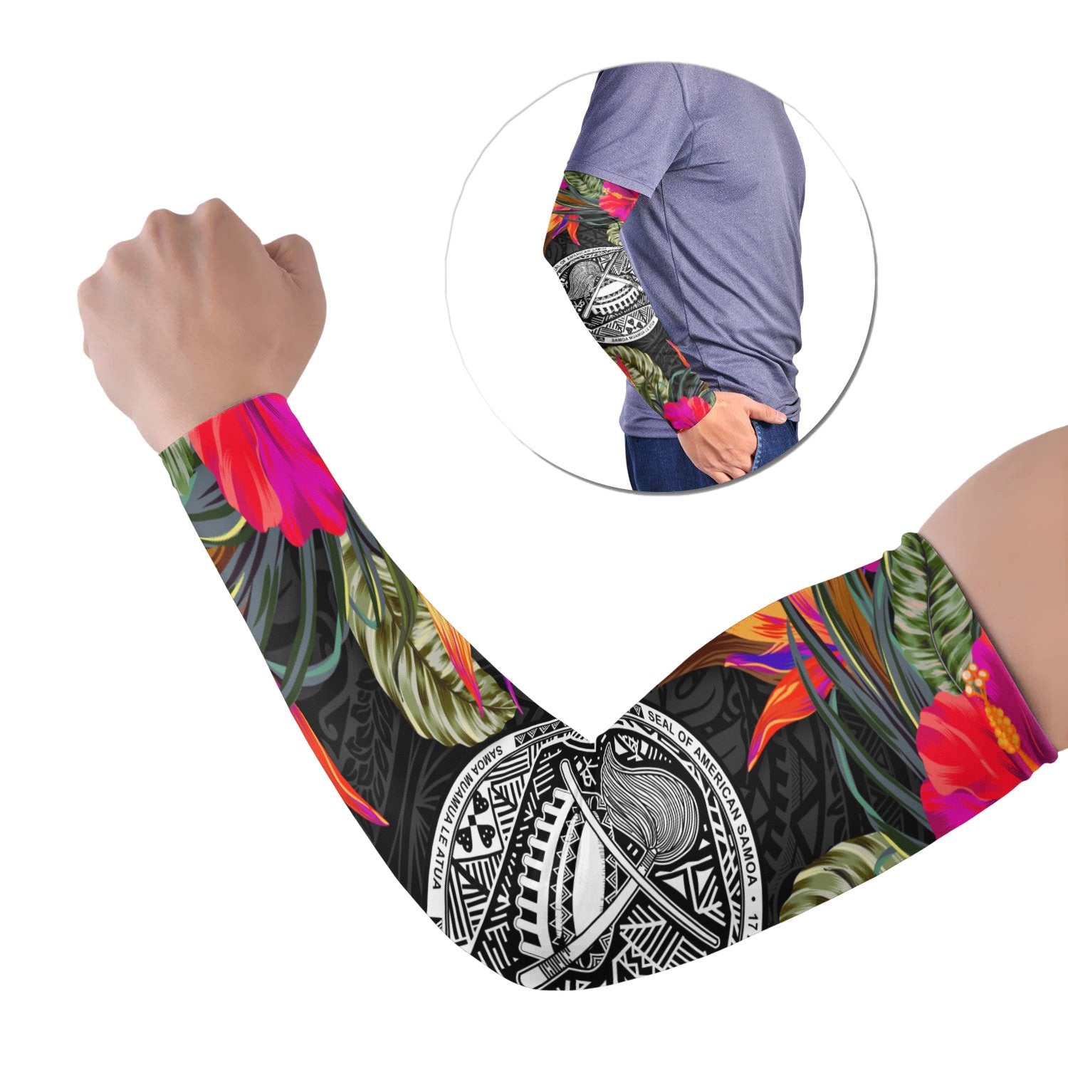 American Samoa Arm Sleeve Hibiscus Polynesian Pattern (Set of 2) Set of 2 Black - Polynesian Pride