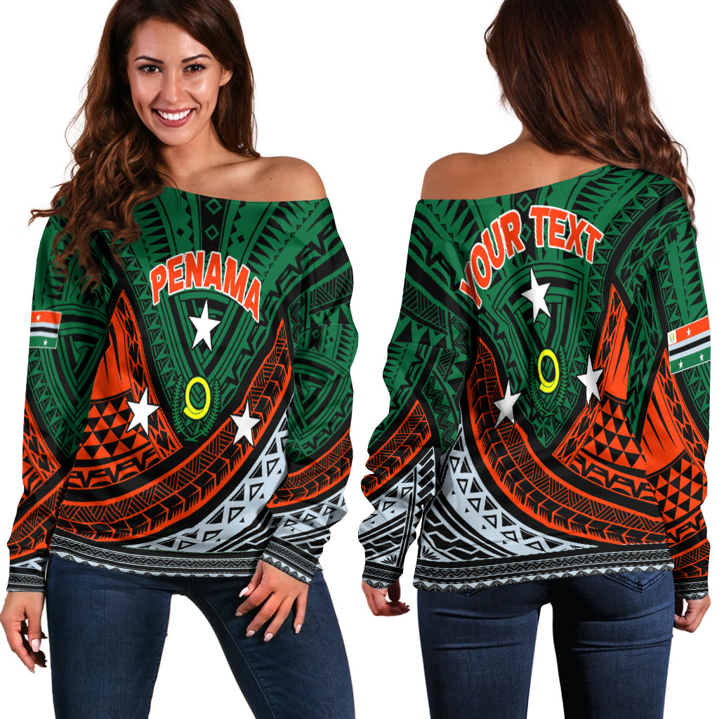 (Custom Personalised) Vanuatu Penama Province Tribal Pattern Women Off Shoulder Sweater - LT12 Women Off Shoulder Sweater Green - Polynesian Pride