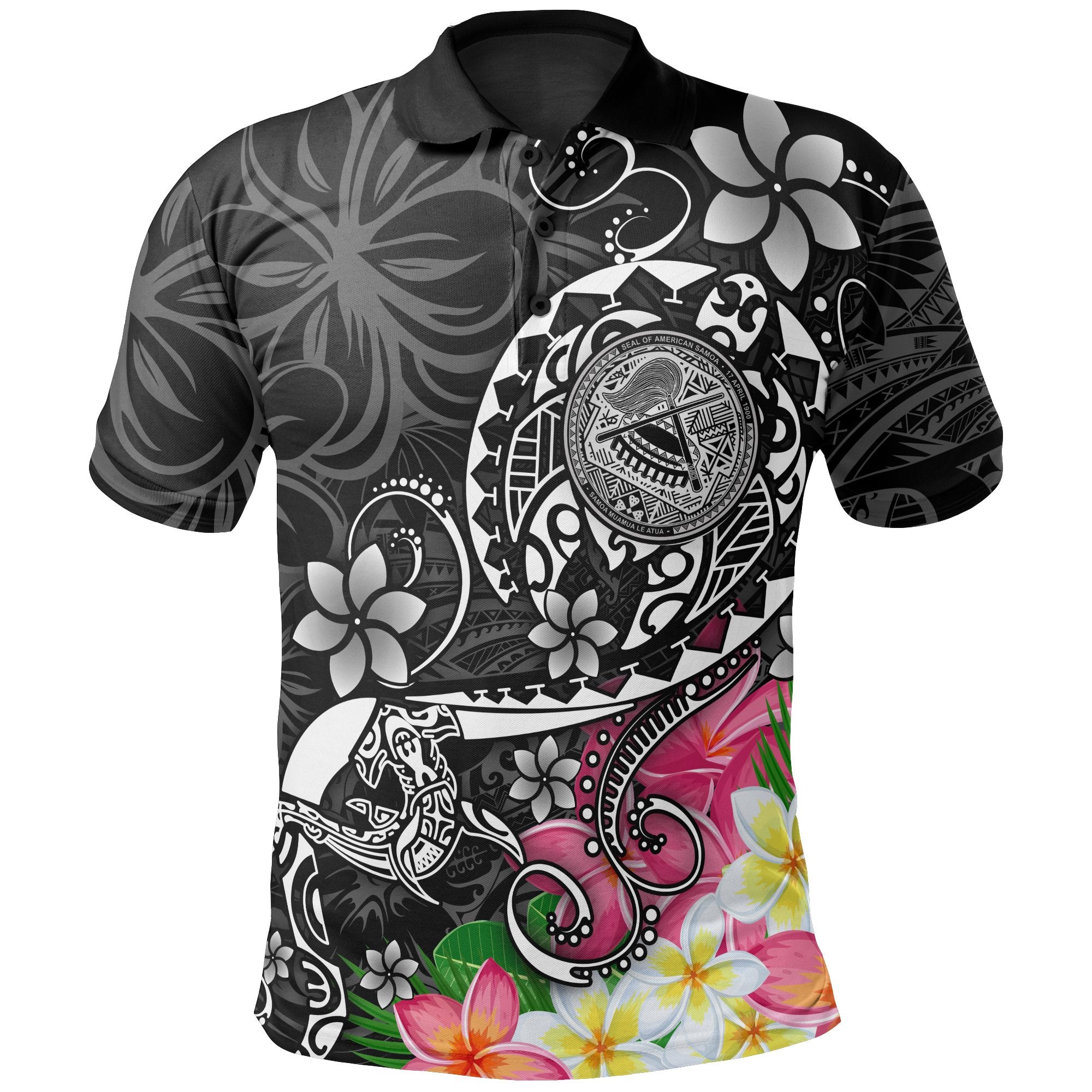 American Samoa Polynesian Polo Shirt Turtle Plumeria (Black) Unisex Black - Polynesian Pride