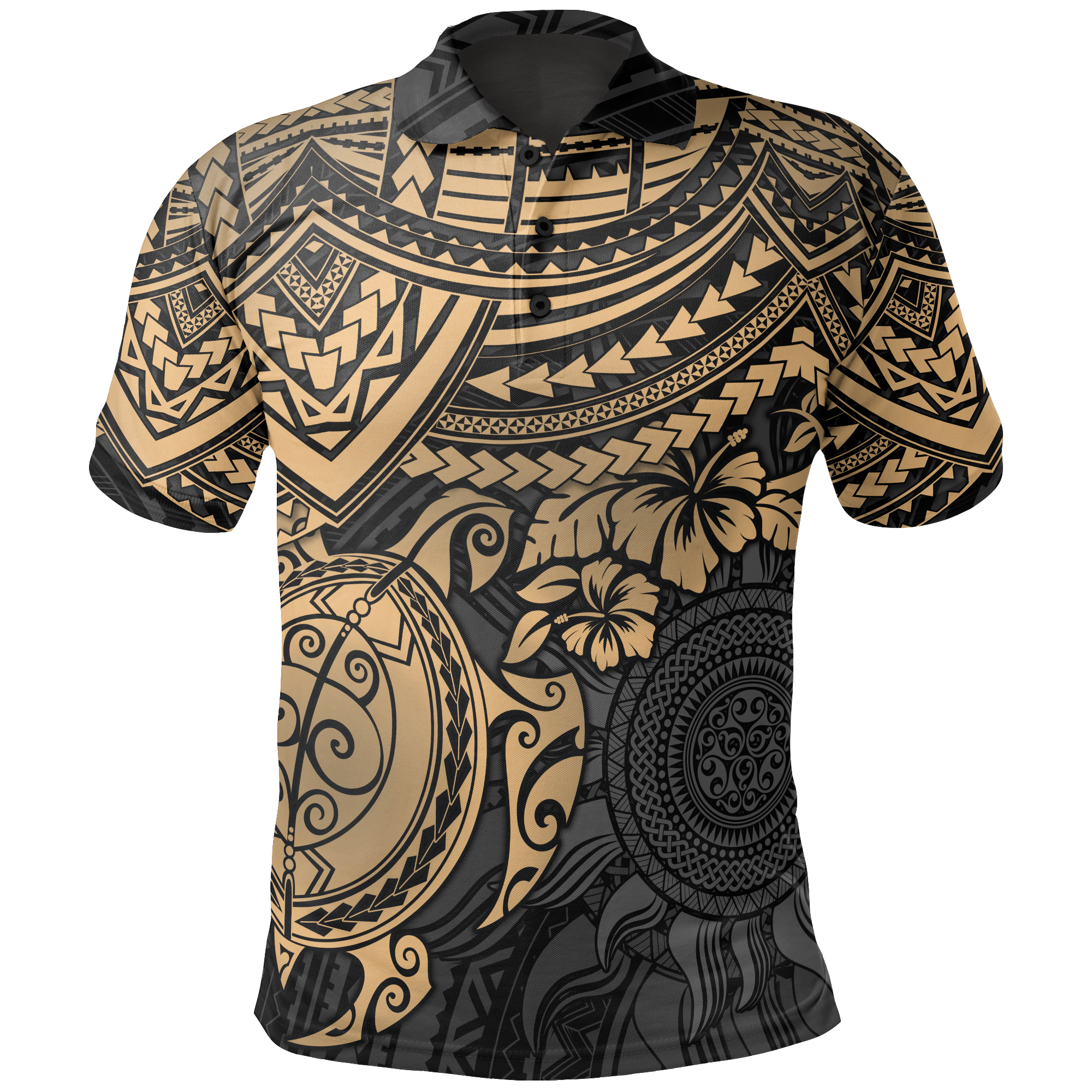 Polo Shirt Polynesian Golden Turtle Hibiscus Unisex Golden - Polynesian Pride