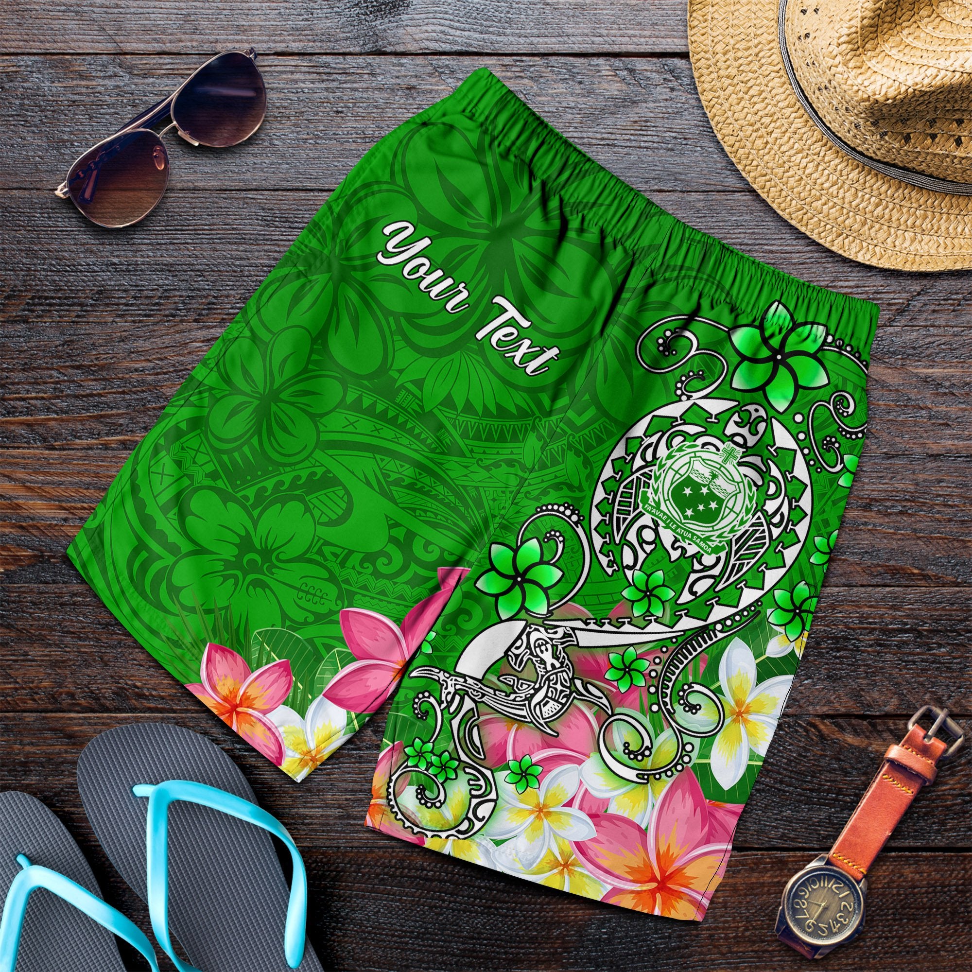 Samoa Custom Personalised Men's Shorts - Turtle Plumeria (Green) Green - Polynesian Pride