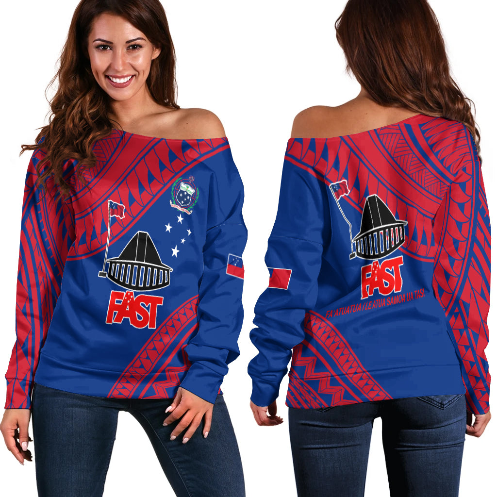 F.A.S.T Samoa Women Off Shoulder Sweater - Samoan Pattern - LT12 Blue - Polynesian Pride