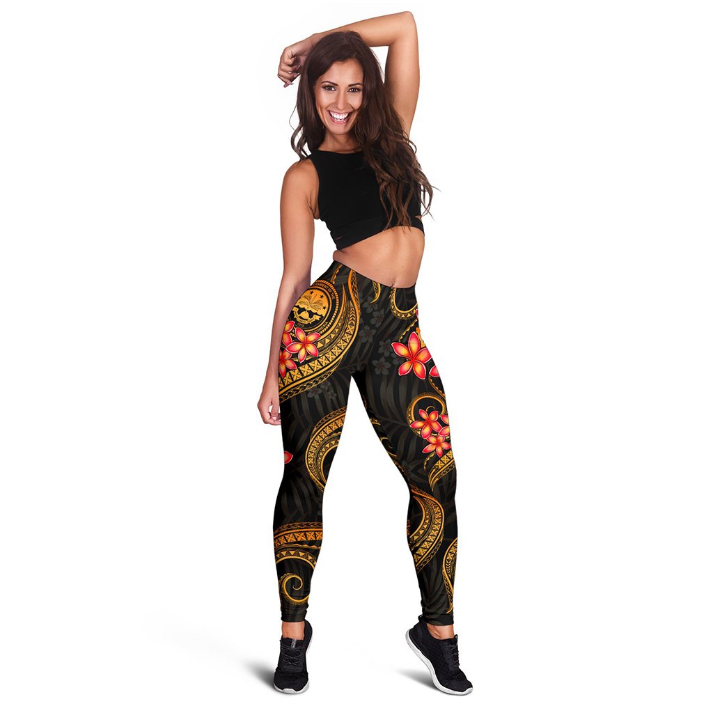 Federated States Of Micronesia Women Legging - Gold Plumeria Black - Polynesian Pride