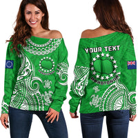 (Custom Personalised) Rarotonga Cook Islands Polynesian Turtle Art Off Shoulder Sweater LT14 Women Green - Polynesian Pride