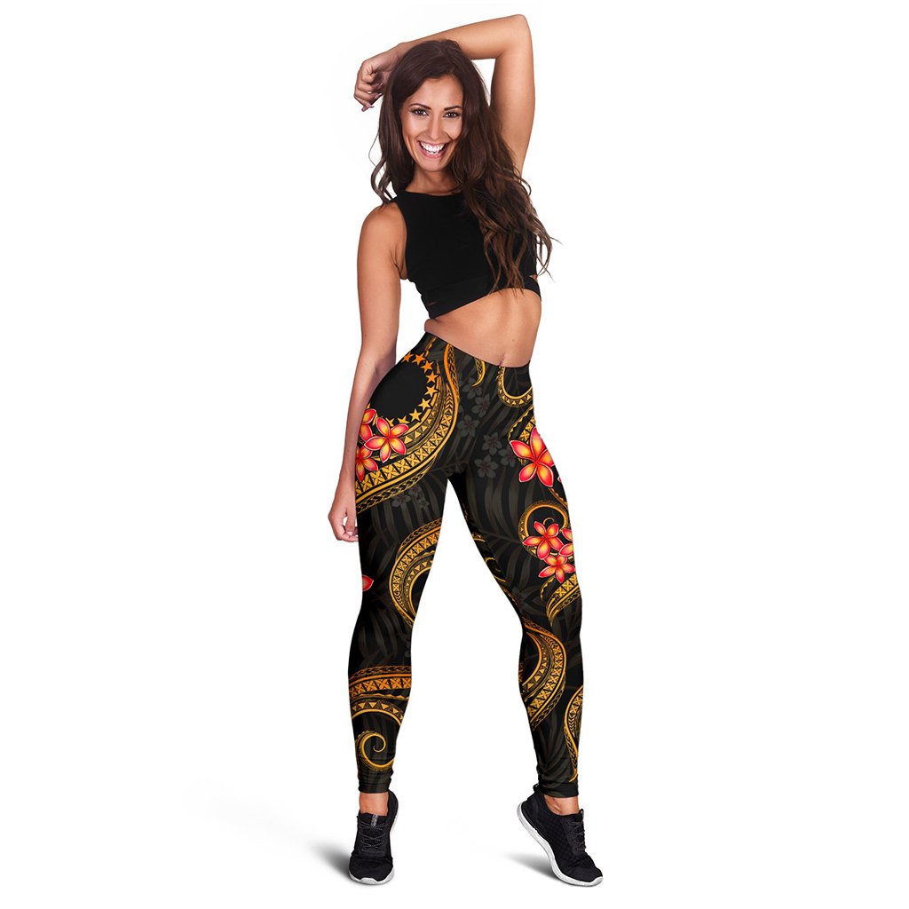 Cook Islands Polynesian Women Legging - Gold Plumeria Black - Polynesian Pride