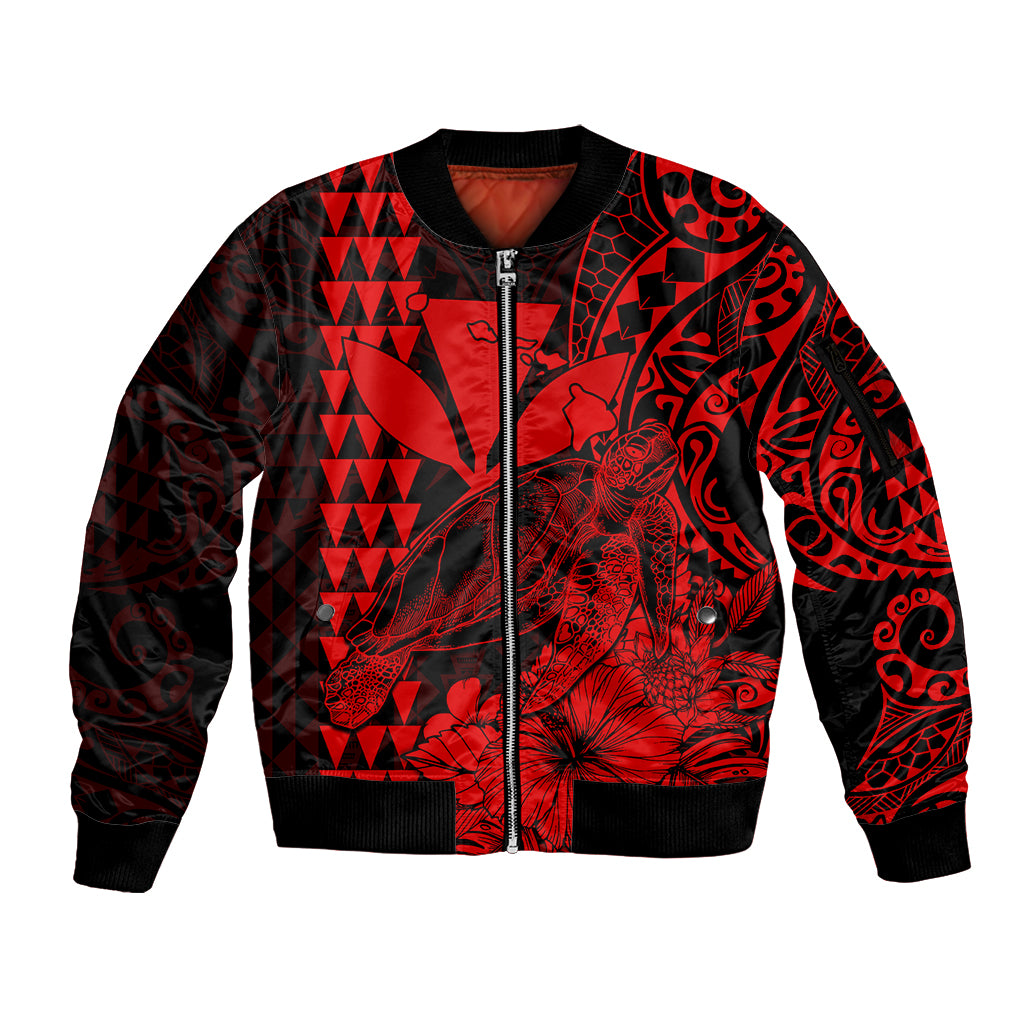 (Custom Personalised) Kakau Polynesian Tribal Hawaiian Turtle with Kanaka Maoli Red Sleeve Zip Bomber Jacket LT9 Unisex Red - Polynesian Pride