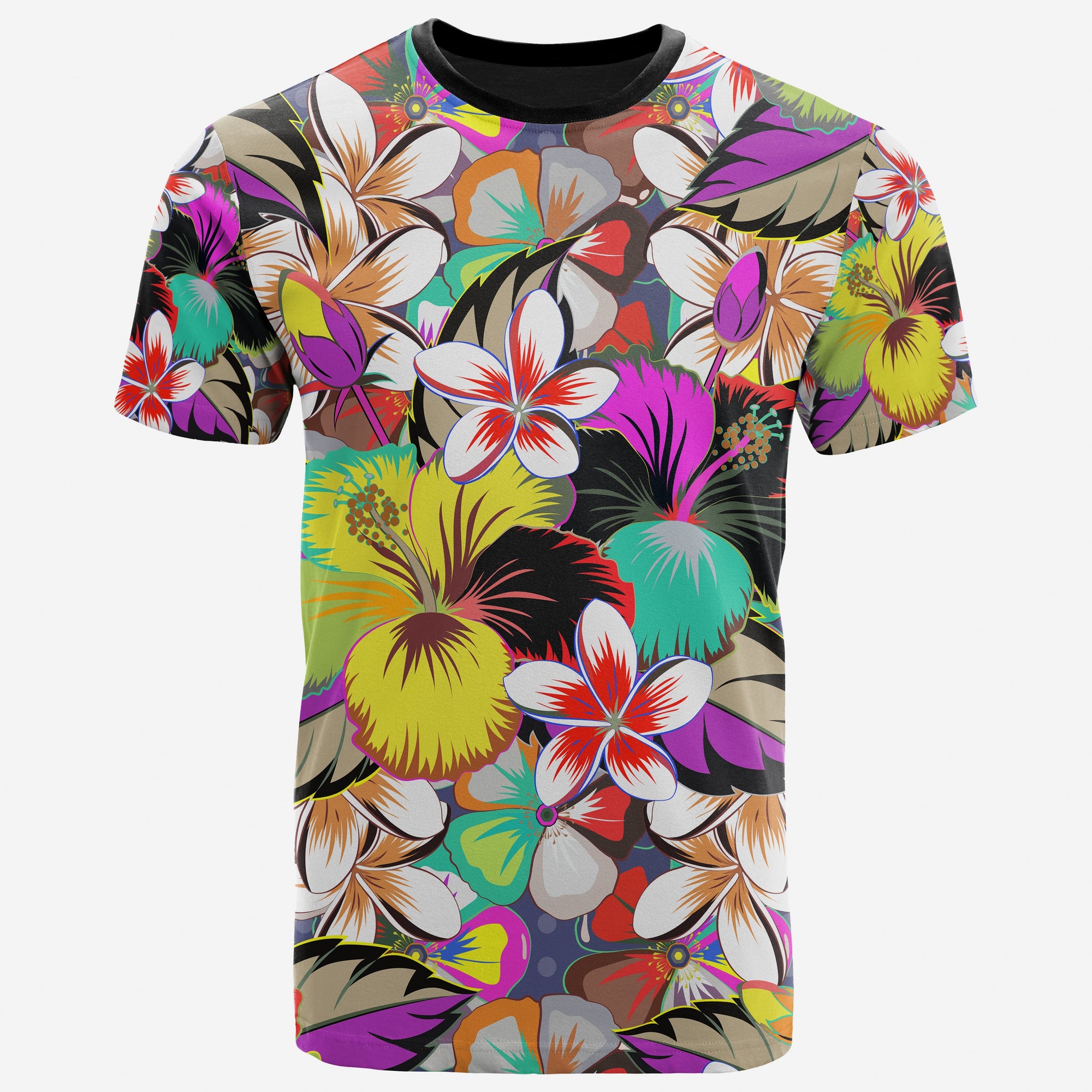 Polynesian T shirt Hibiscus and Plumeria Patterns Unisex Black - Polynesian Pride