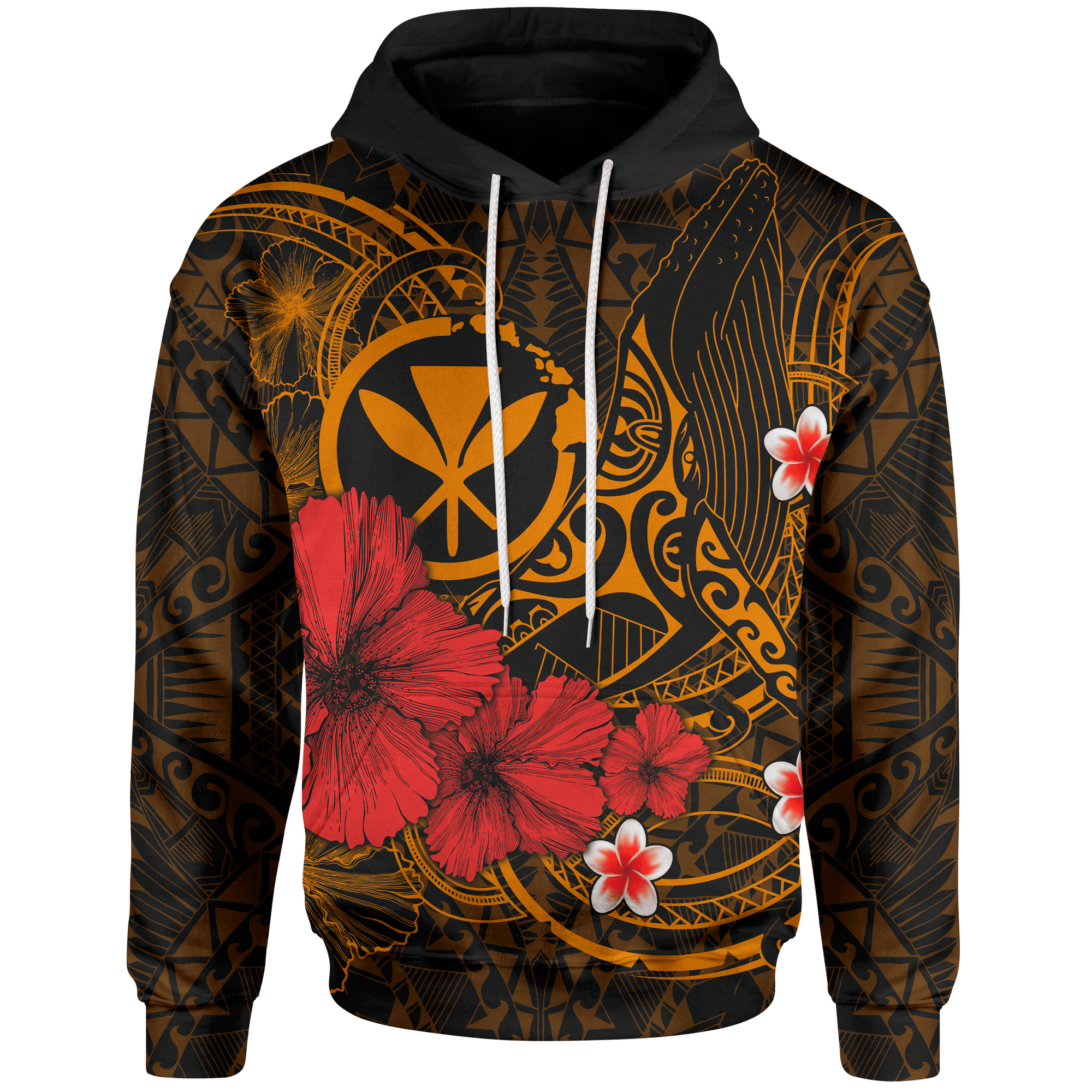 Polynesian Hawaii Kanaka Maoli Hoodie Humpback Whale with Hibiscus (Golden) Unisex Golden - Polynesian Pride