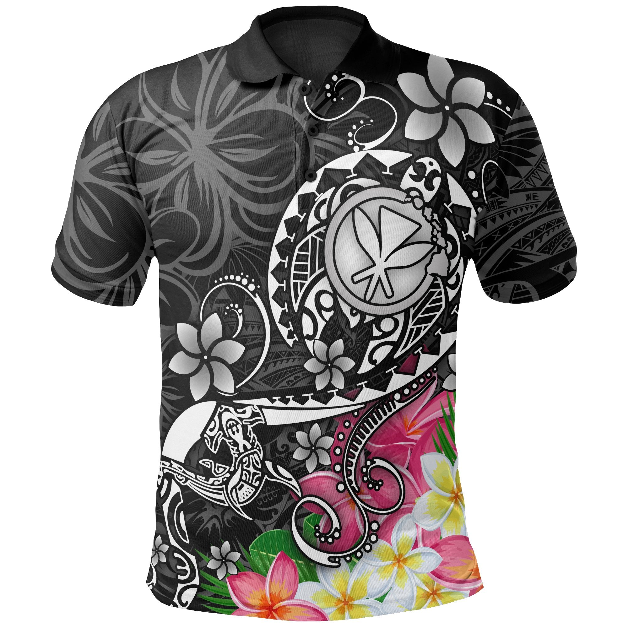 Hawaii Polynesian Polo Shirt Turtle Plumeria (Black) Unisex Black - Polynesian Pride