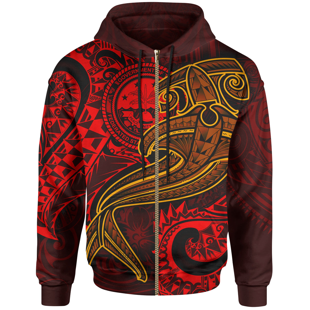 FSM Zip up Hoodie Red Shark Polynesian Tattoo Unisex Red - Polynesian Pride