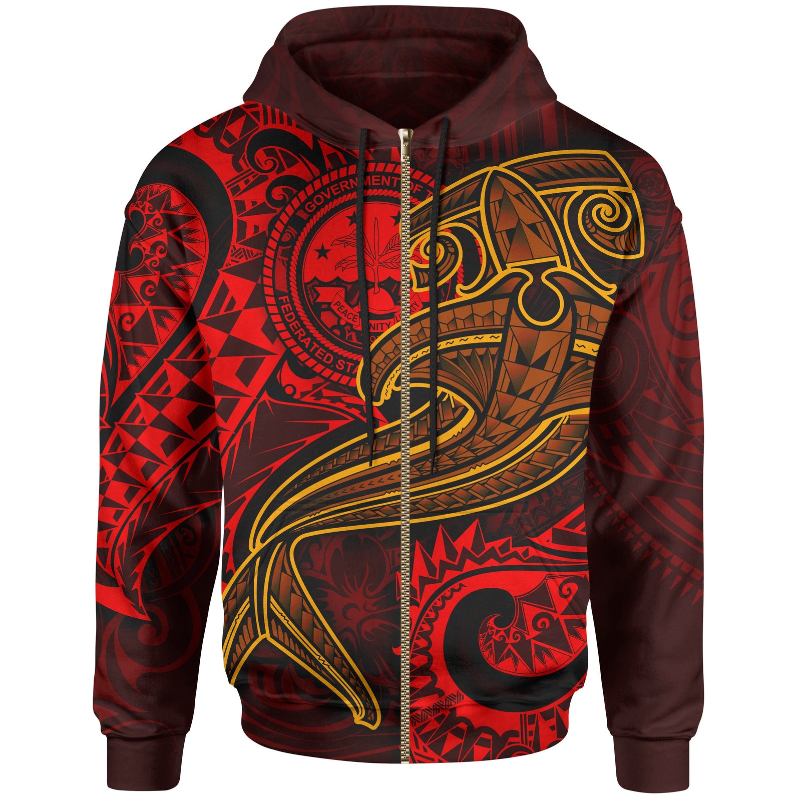 FSM Zip up Hoodie Red Shark Polynesian Tattoo Unisex Red - Polynesian Pride