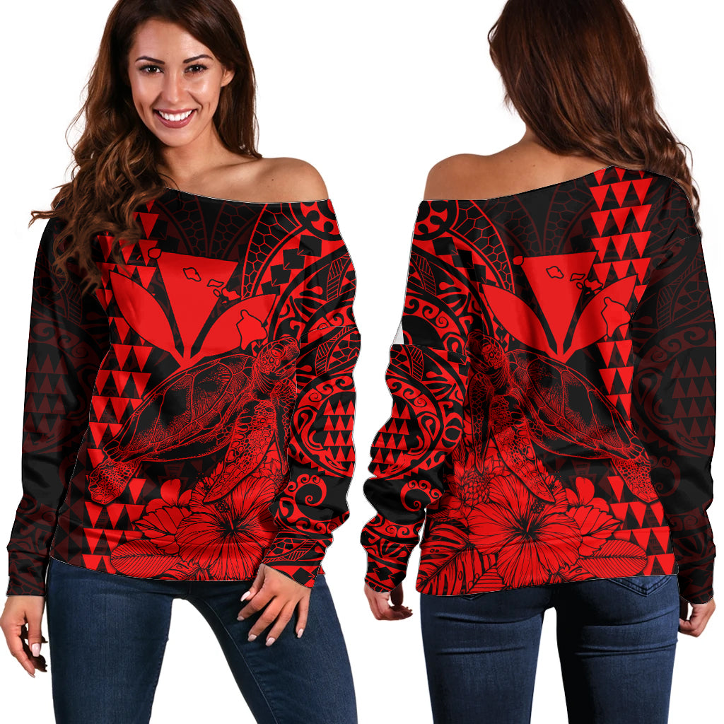 Kakau Polynesian Tribal Hawaiian Turtle with Kanaka Maoli Red Off Shoulder Sweater LT9 Women Red - Polynesian Pride