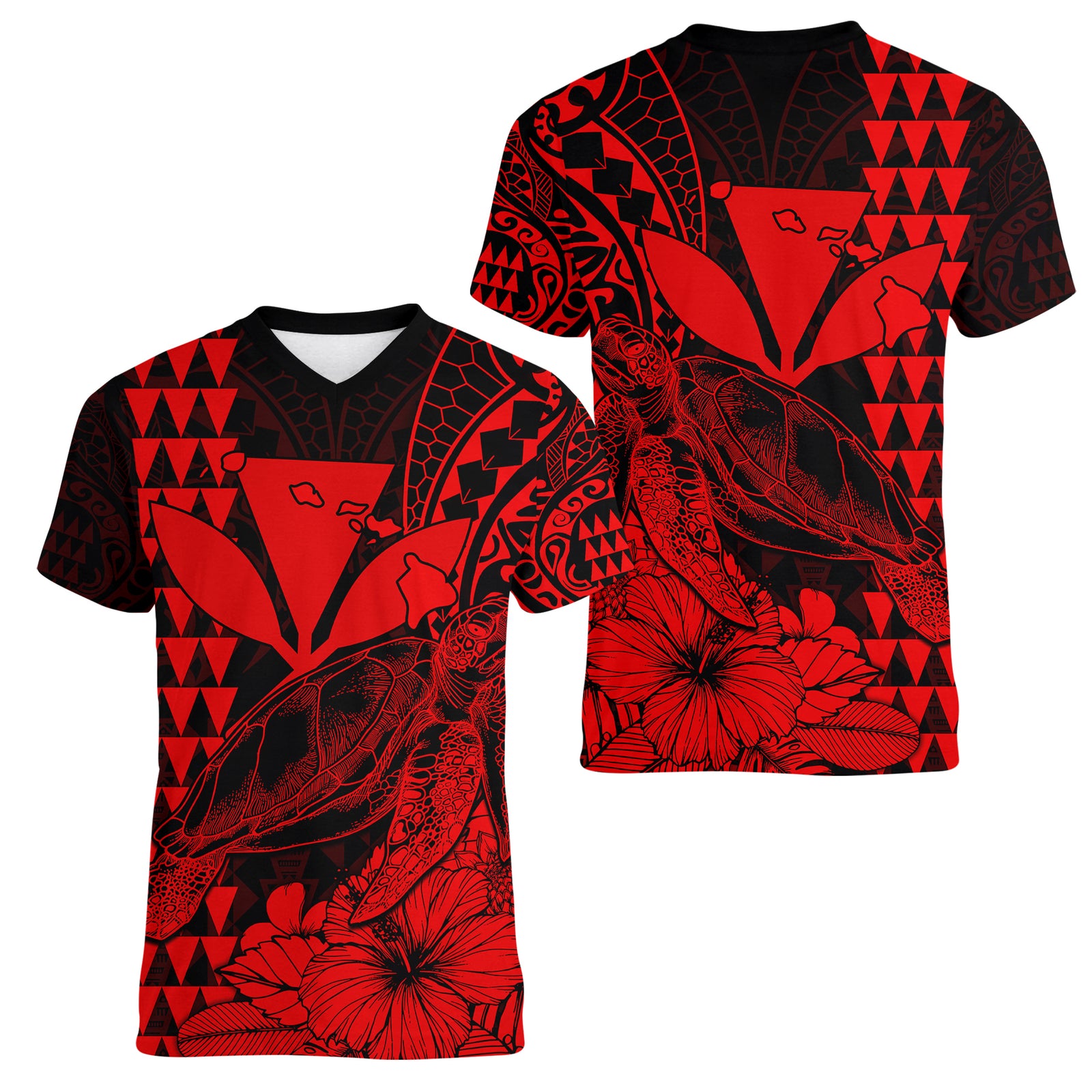 Kakau Polynesian Tribal Hawaiian Turtle with Kanaka Maoli Red Women V Neck T Shirt LT9 Female Red - Polynesian Pride