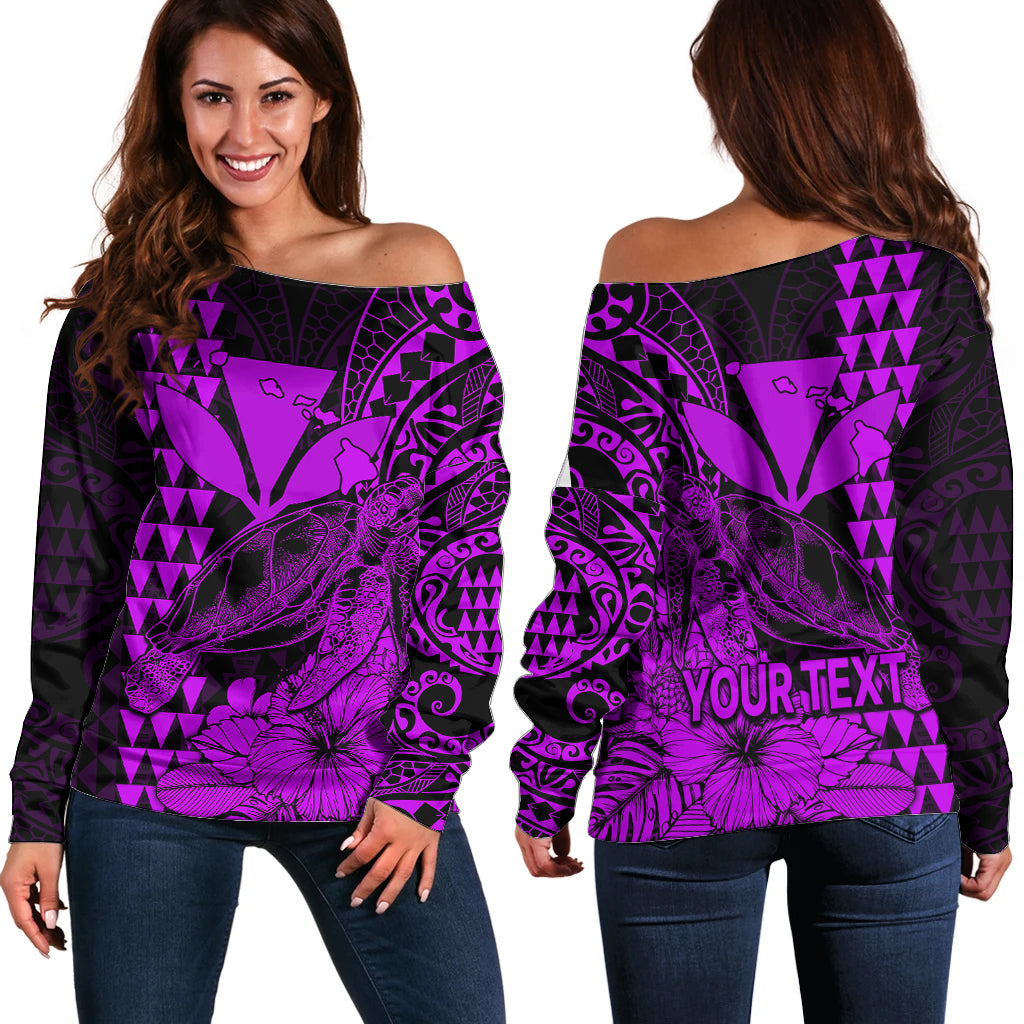 (Custom Personalised) Kakau Polynesian Tribal Hawaiian Turtle with Kanaka Maoli Purple Off Shoulder Sweater LT9 Women Purple - Polynesian Pride