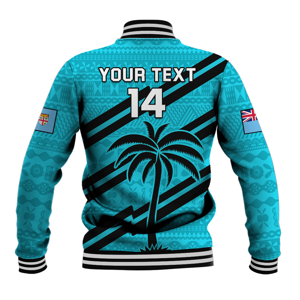 (Custom Text And Number) Fiji Rugby Tapa Pattern Fijian 7s Cyan Baseball Jacket LT14 - Polynesian Pride