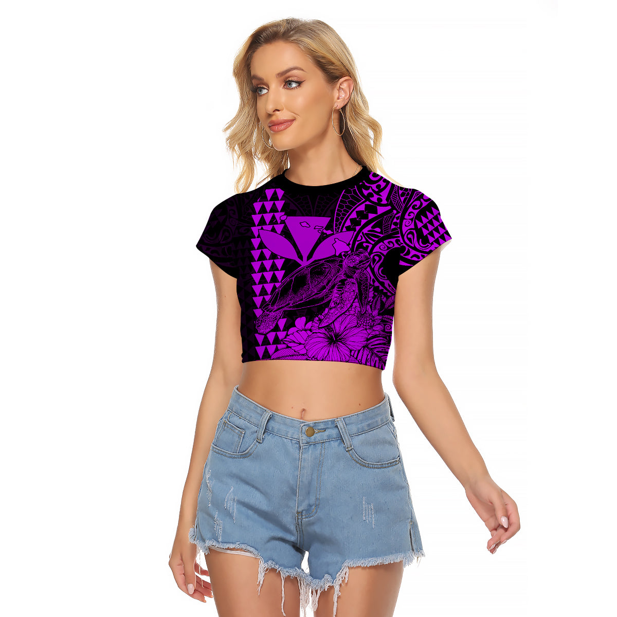 Kakau Polynesian Tribal Hawaiian Turtle with Kanaka Maoli Purple Raglan Cropped T Shirt LT9 Female Purple - Polynesian Pride