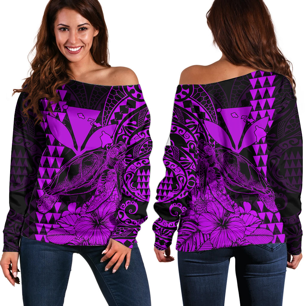 Kakau Polynesian Tribal Hawaiian Turtle with Kanaka Maoli Purple Off Shoulder Sweater LT9 Women Purple - Polynesian Pride