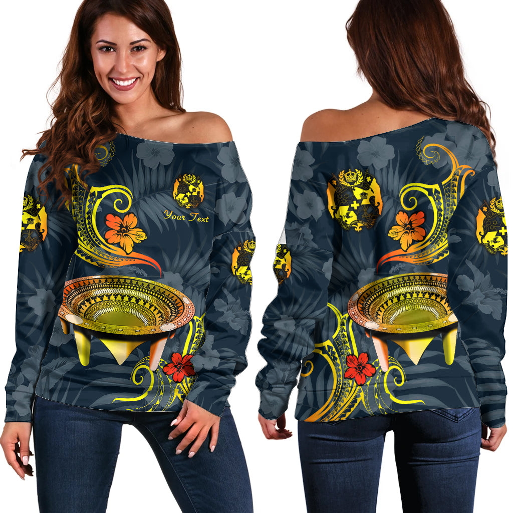 (Custom Personalised) Tonga Kumete Kava Bowl Sila Vibes - Gradient Off Shoulder Sweater LT8 Women Navy - Polynesian Pride