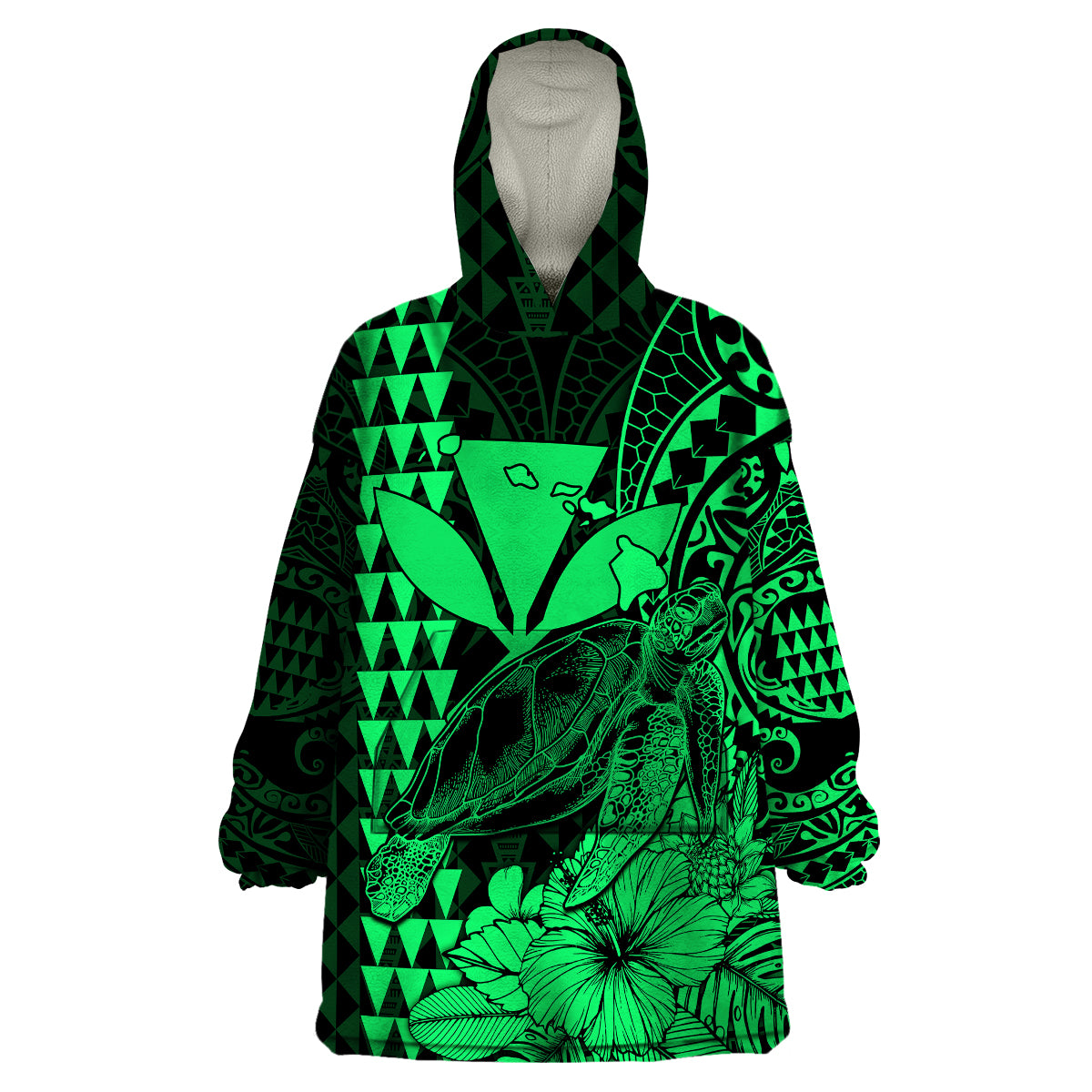 (Custom Personalised) Kakau Polynesian Tribal Hawaiian Turtle with Kanaka Maoli Green Wearable Blanket Hoodie LT9 Unisex One Size - Polynesian Pride