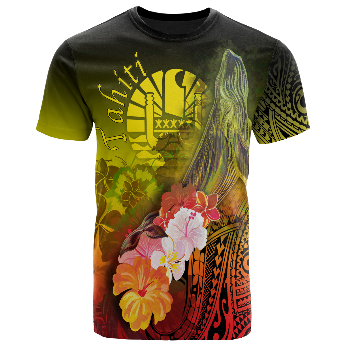 Tahiti T Shirt Humpback Whale with Tropical Flowers (Yellow) Unisex Yellow - Polynesian Pride