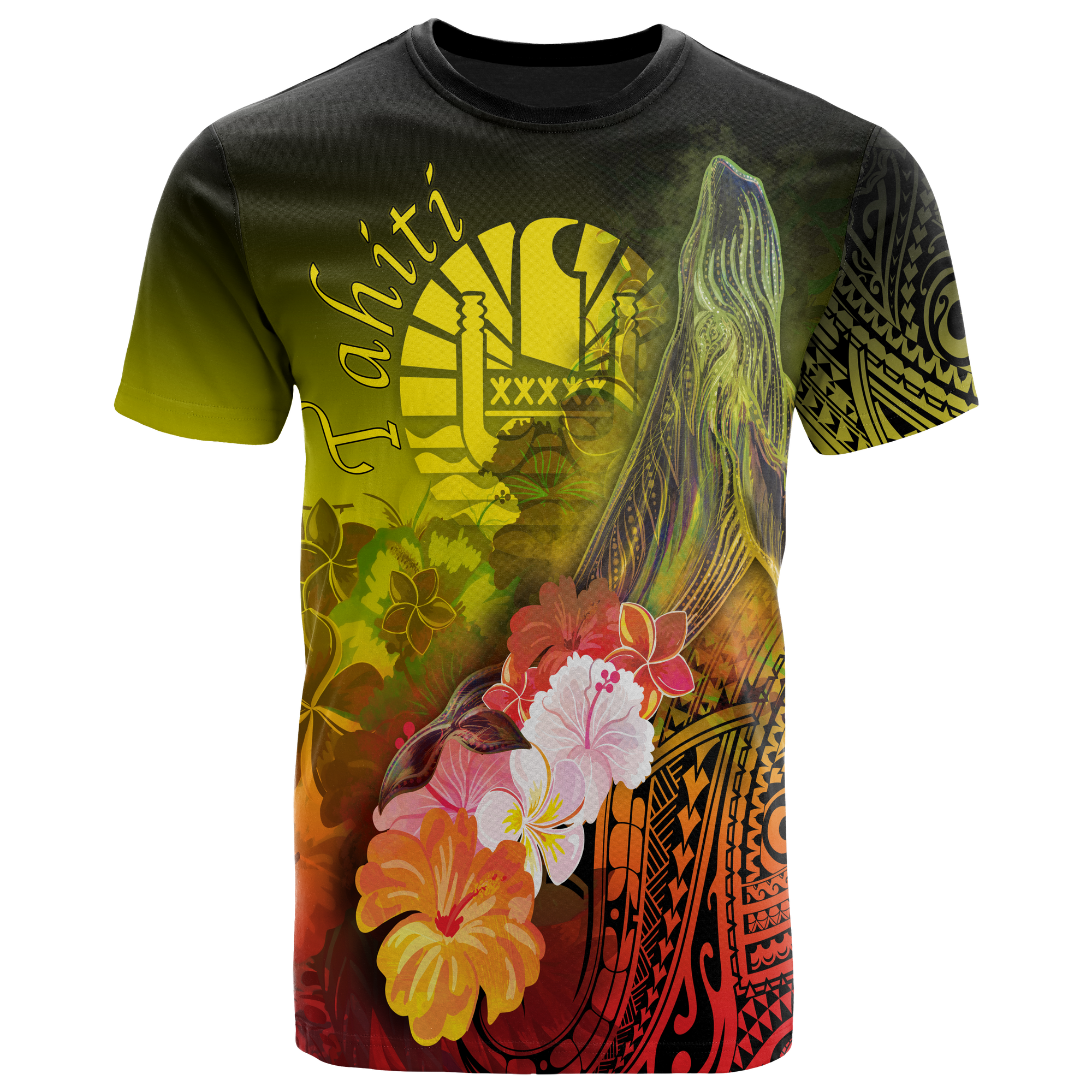 Tahiti T Shirt Humpback Whale with Tropical Flowers (Yellow) Unisex Yellow - Polynesian Pride