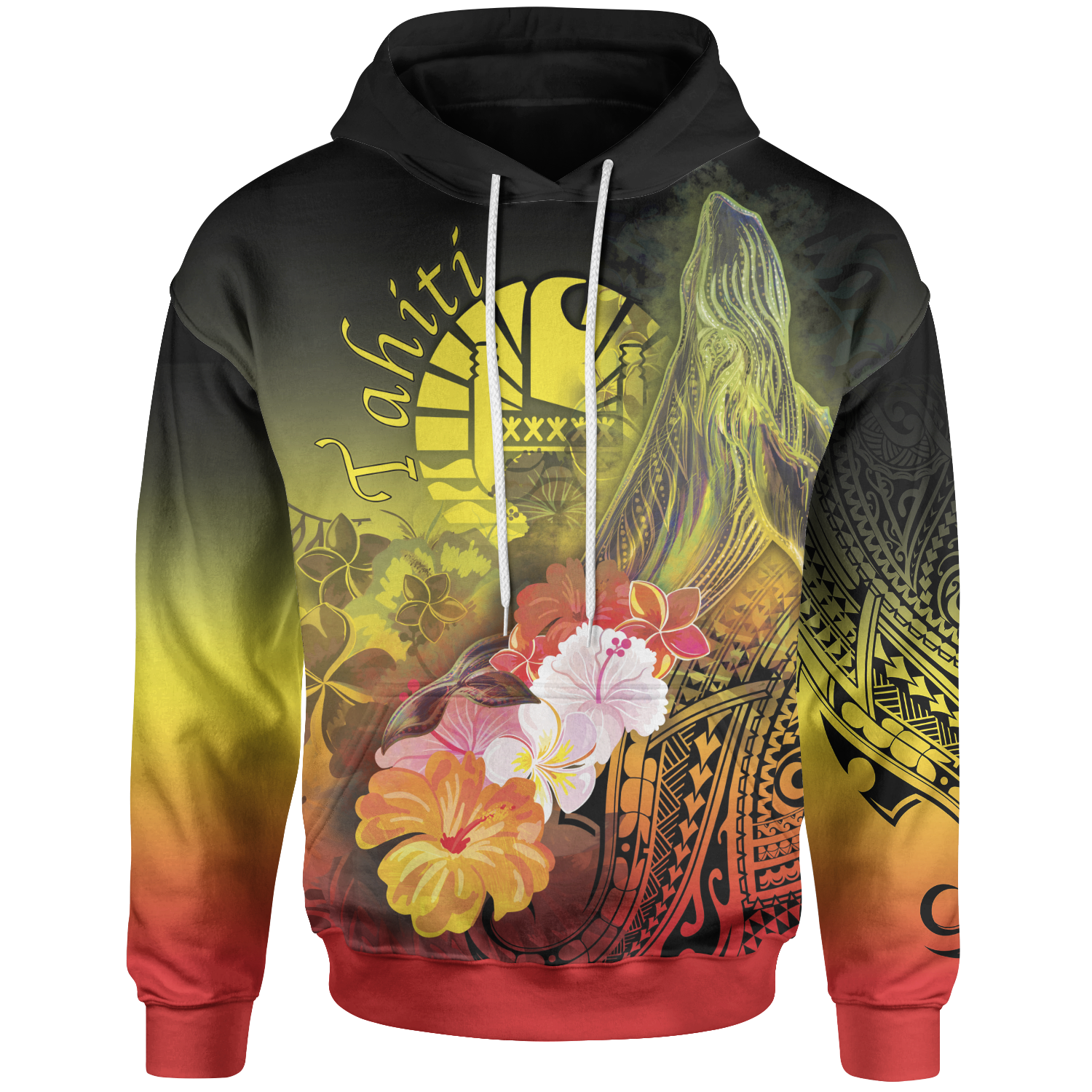 Tahiti Hoodie Humpback Whale with Tropical Flowers (Yellow) Unisex Yellow - Polynesian Pride