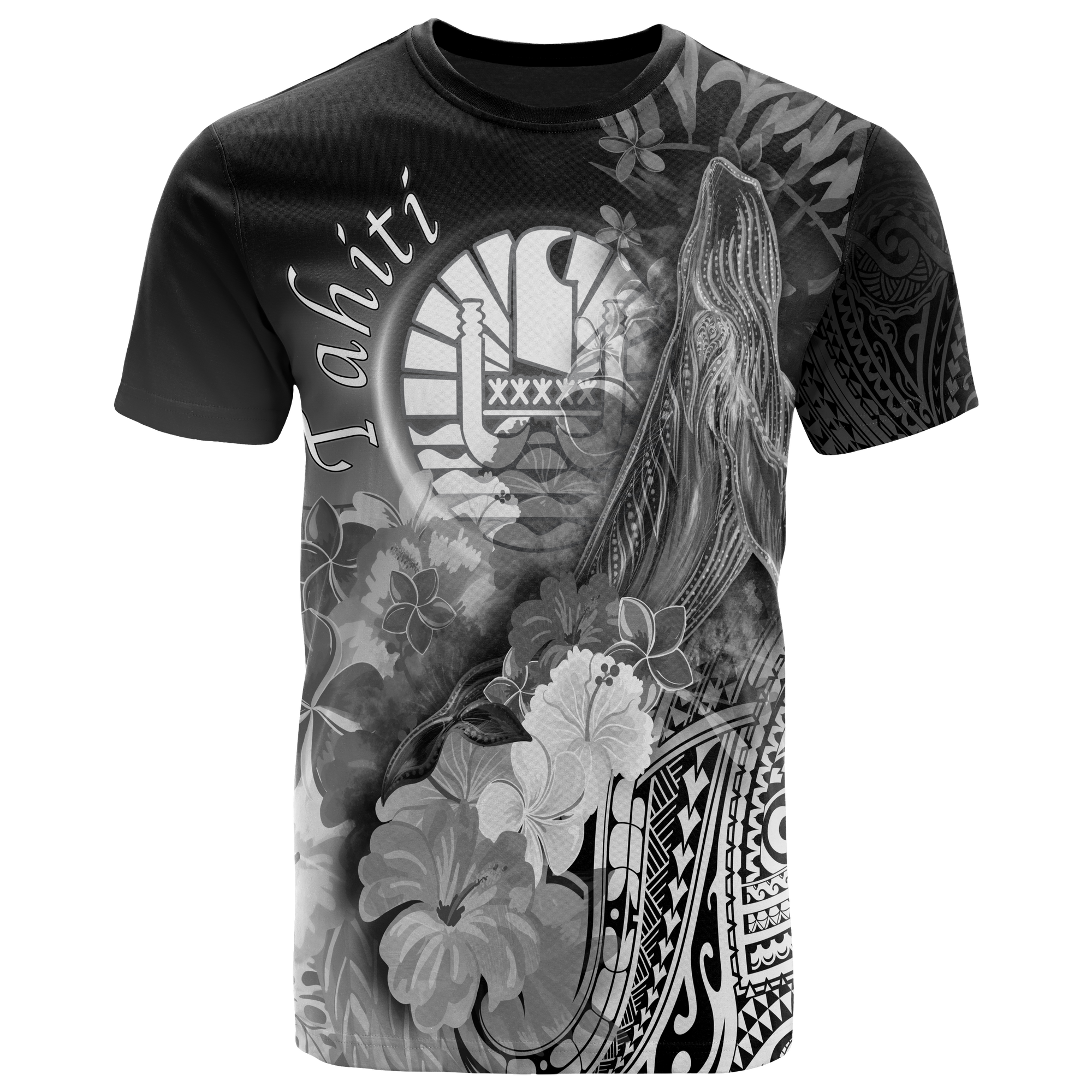 Tahiti T Shirt Humpback Whale with Tropical Flowers (White) Unisex Art - Polynesian Pride