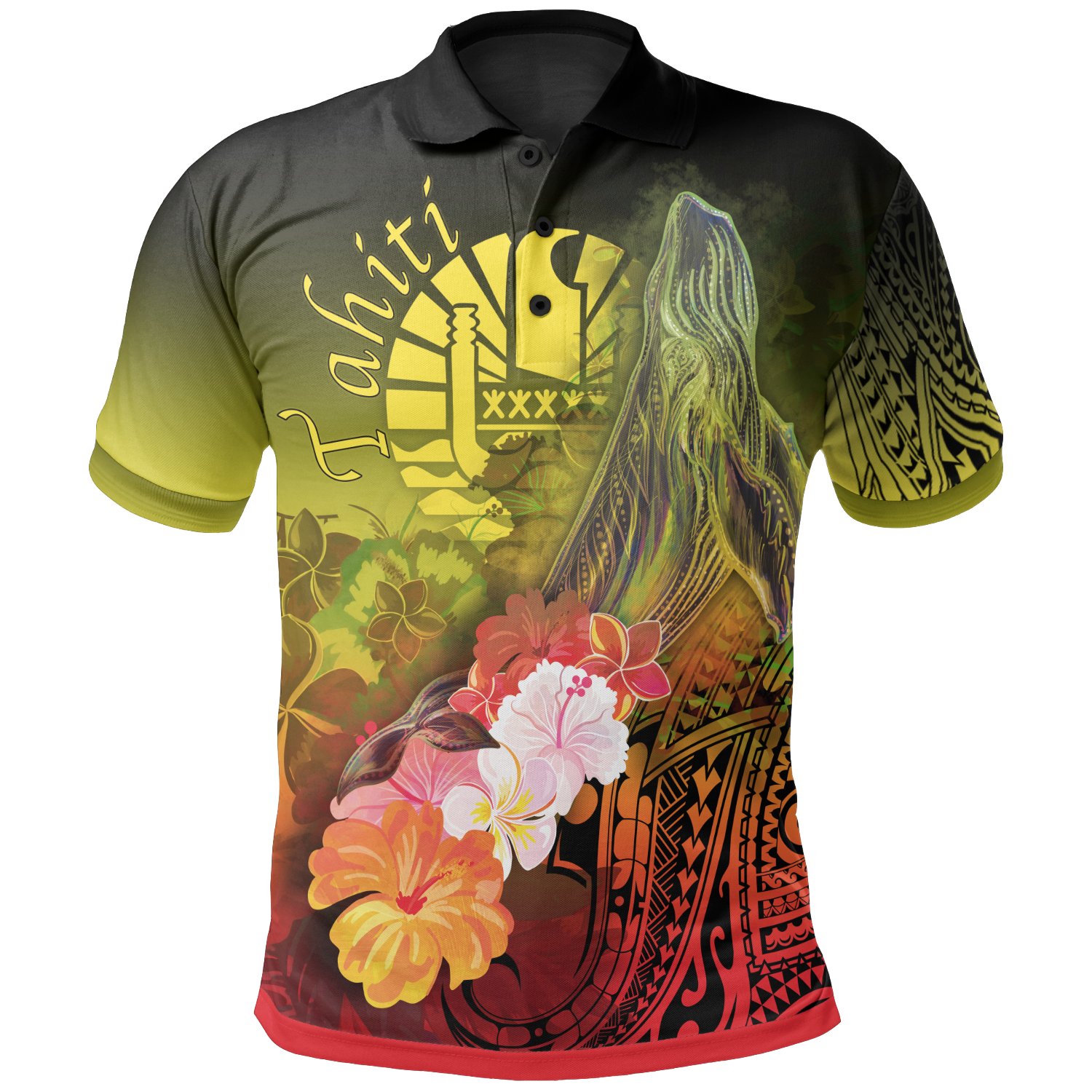 Tahiti Polo Shirt Humpback Whale with Tropical Flowers (Yellow) Unisex Yellow - Polynesian Pride