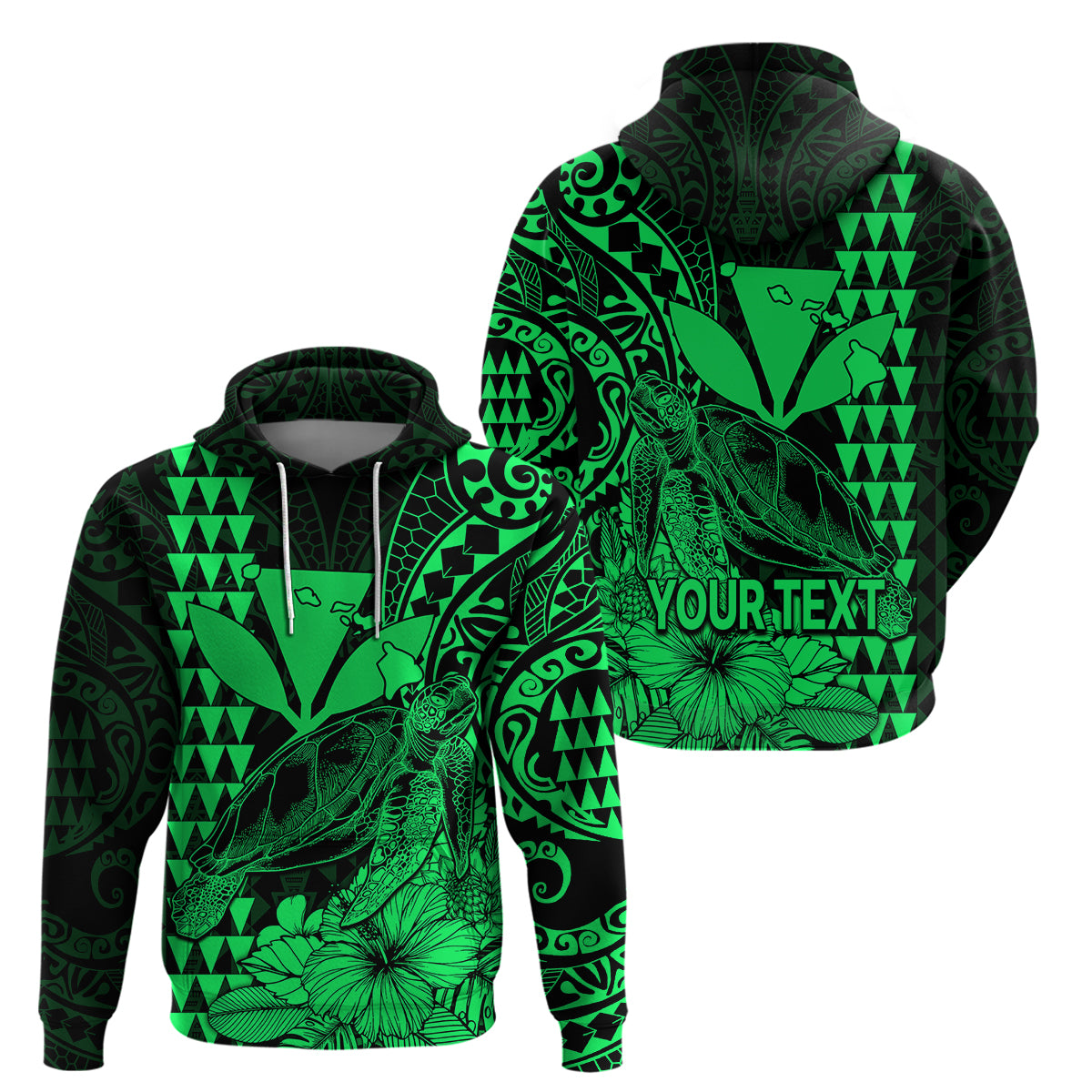 Custom Kakau Polynesian Tribal Hawaiian Turtle with Kanaka Maoli Green Hoodie LT9 Pullover Hoodie Green - Polynesian Pride