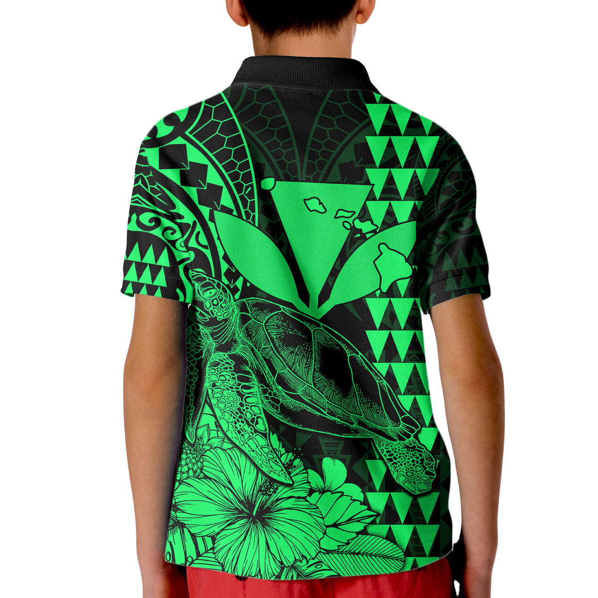 Kakau Polynesian Tribal Hawaiian Turtle with Kanaka Maoli Green Kid Polo Shirt LT9 - Polynesian Pride