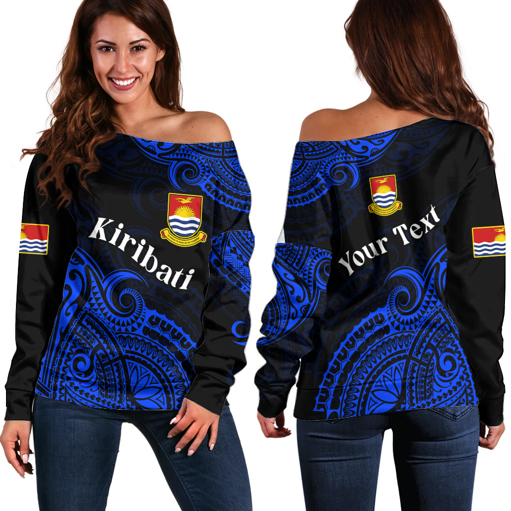 (Custom Personalised) Ribaberiki Kiribati Coat Of Arms Mix Blue Polynesian Off Shoulder Sweater LT14 Women Blue - Polynesian Pride