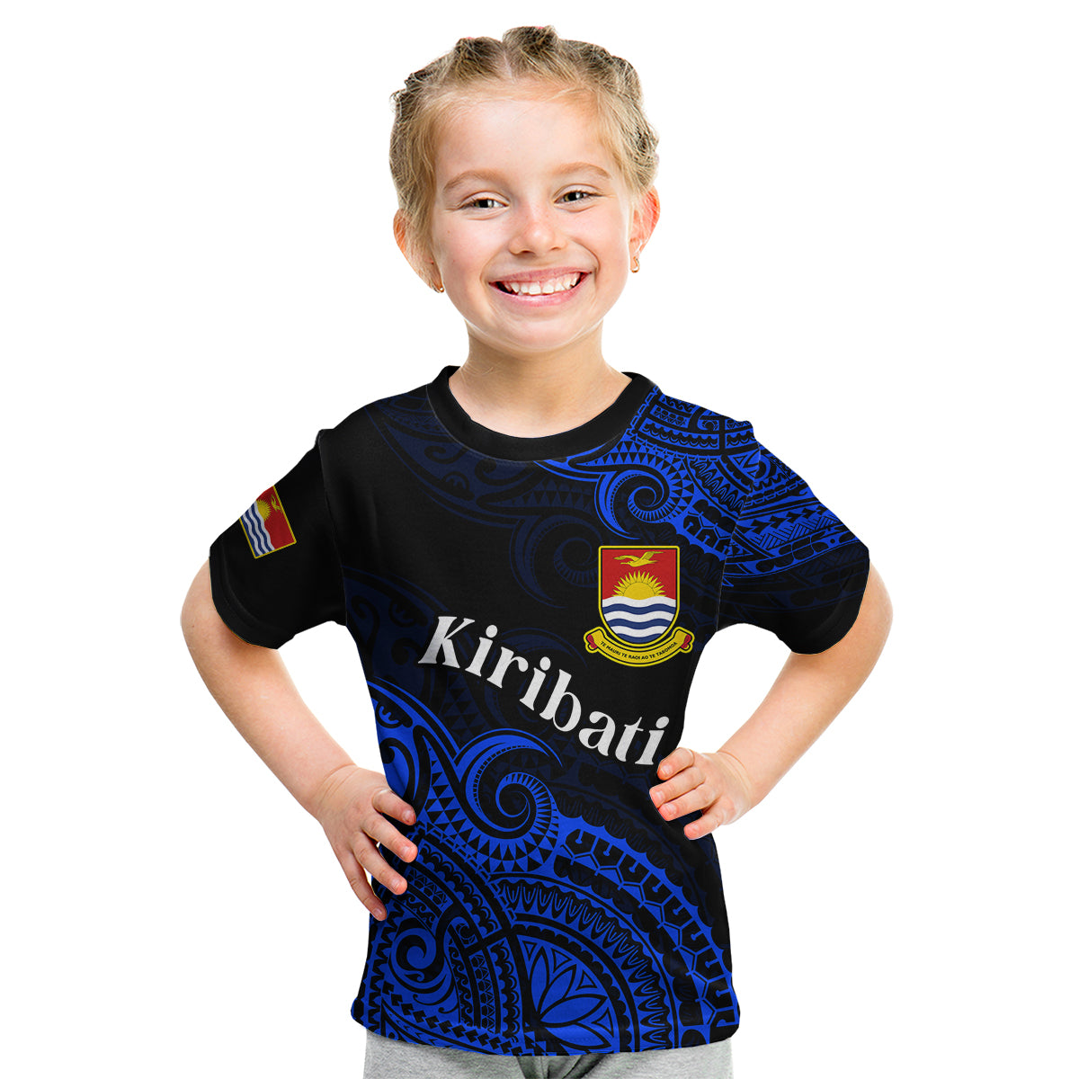(Custom Personalised) Ribaberiki Kiribati Coat Of Arms Mix Blue Polynesian Kid T Shirt LT14 Youth XL Size14 - Polynesian Pride