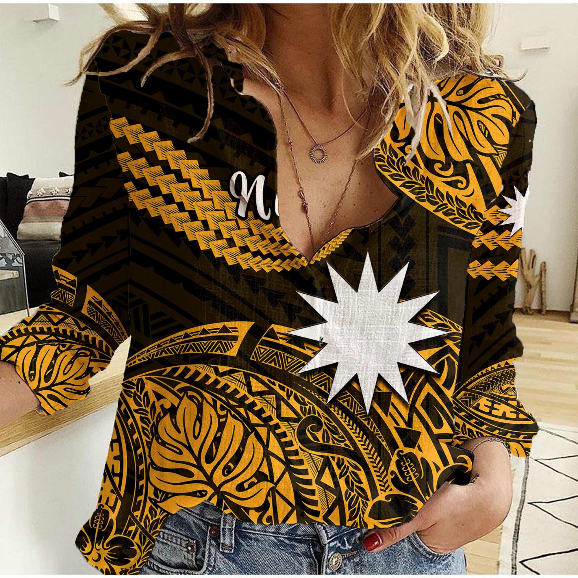 (Custom Personalised) Nauru Polynesian Hibiscus Naoero Glod Women Casual Shirt LT14 Female Gold - Polynesian Pride