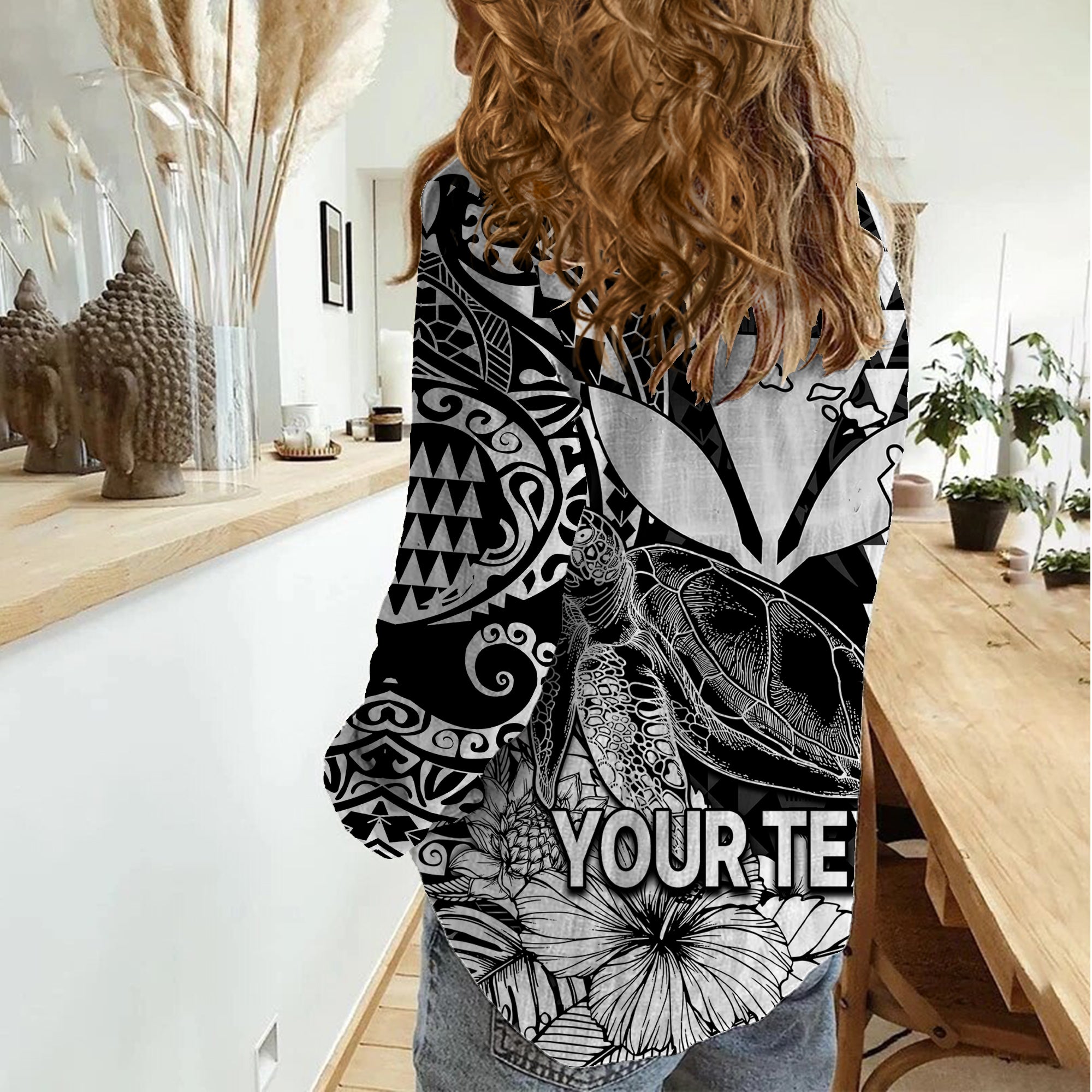 (Custom Personalised) Kakau Polynesian Tribal Hawaiian Turtle with Kanaka Maoli Black Women Casual Shirt LT9 - Polynesian Pride