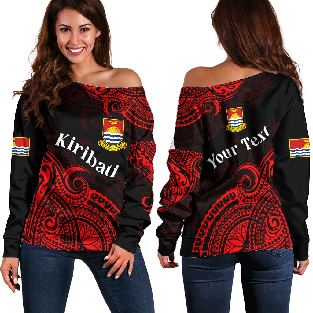 (Custom Personalised) Ribaberiki Kiribati Coat Of Arms Mix Red Polynesian Off Shoulder Sweater LT14 Women Red - Polynesian Pride