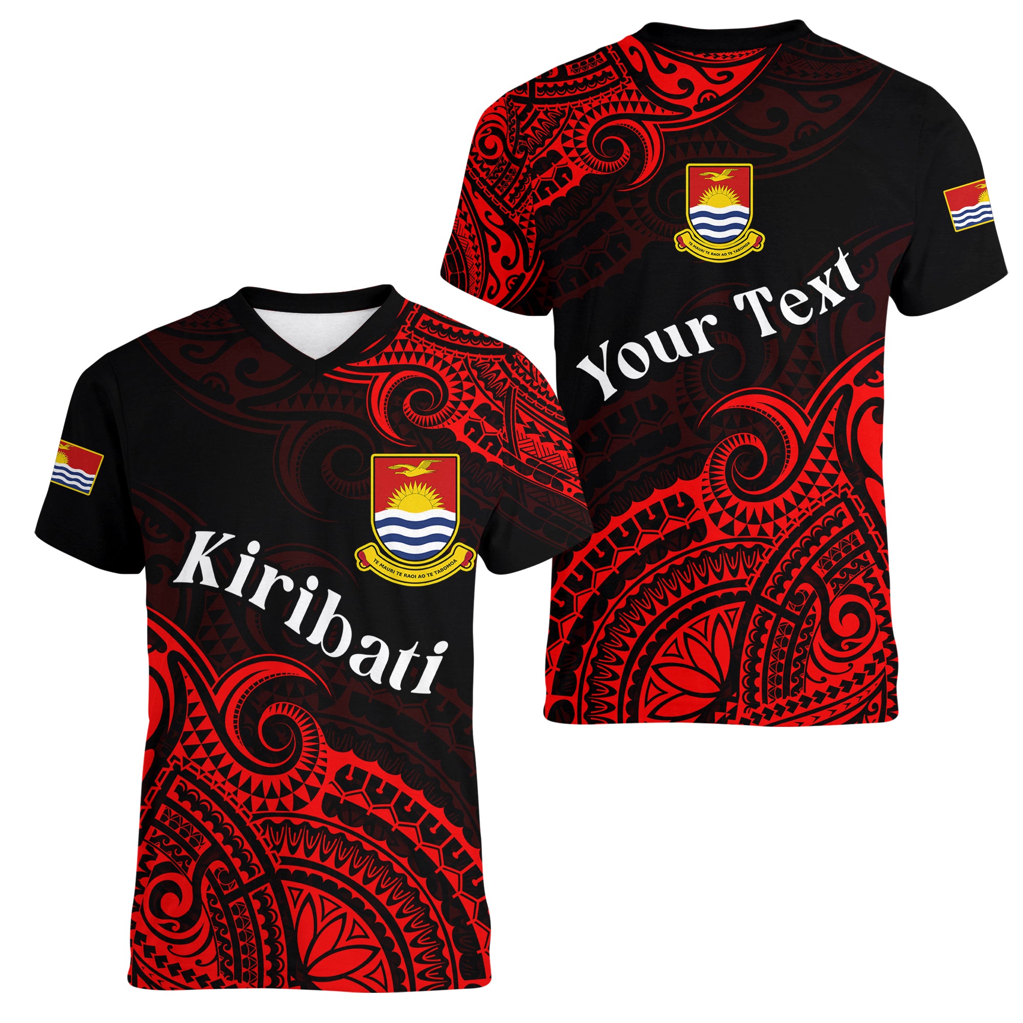 (Custom Personalised) Ribaberiki Kiribati Coat Of Arms Mix Red Polynesian Women V Neck T Shirt LT14 Female Red - Polynesian Pride