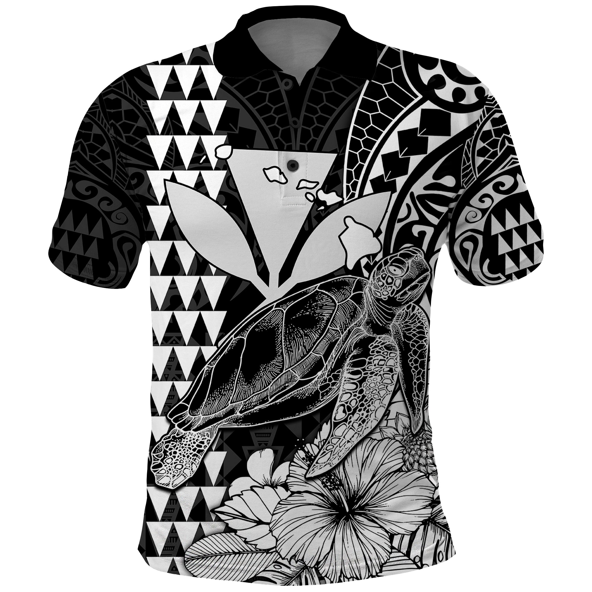 Custom Kakau Polynesian Tribal Hawaiian Turtle with Kanaka Maoli Black Polo Shirt LT9 Black - Polynesian Pride