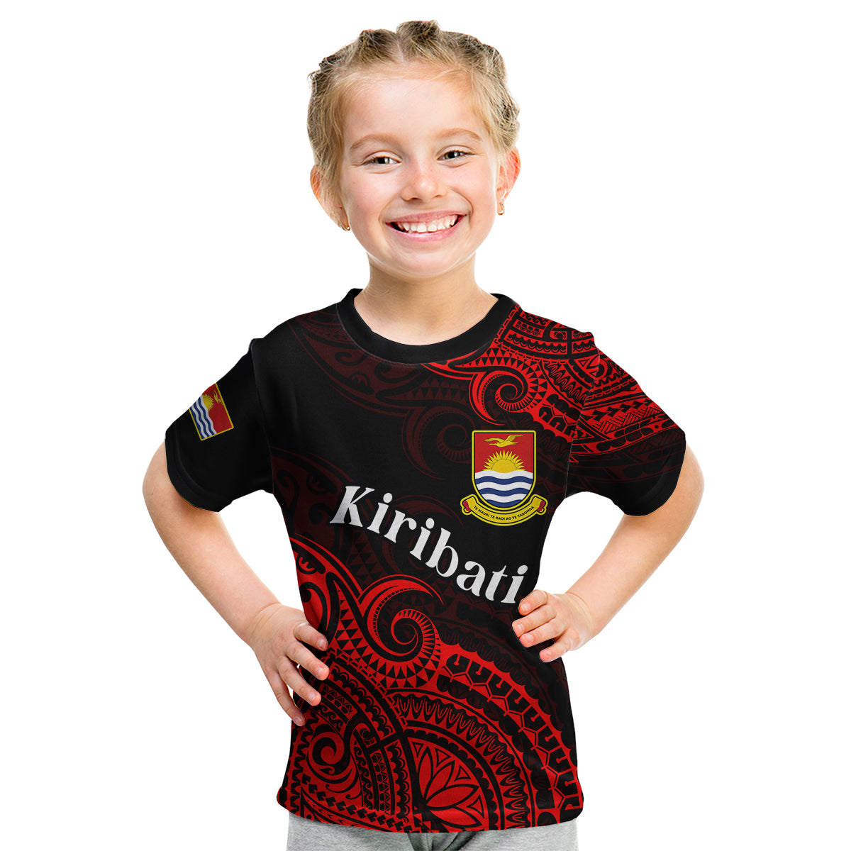 (Custom Personalised) Ribaberiki Kiribati Coat Of Arms Mix Red Polynesian Kid T Shirt LT14 Youth XL Size14 - Polynesian Pride