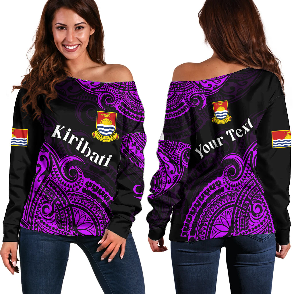 (Custom Personalised) Ribaberiki Kiribati Coat Of Arms Mix Purple Polynesian Off Shoulder Sweater LT14 Women Purple - Polynesian Pride