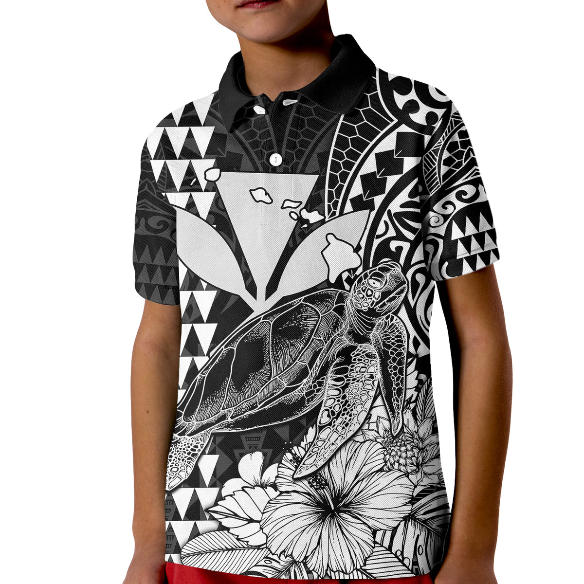 Kakau Polynesian Tribal Hawaiian Turtle with Kanaka Maoli Black Kid Polo Shirt LT9 Kid Black - Polynesian Pride