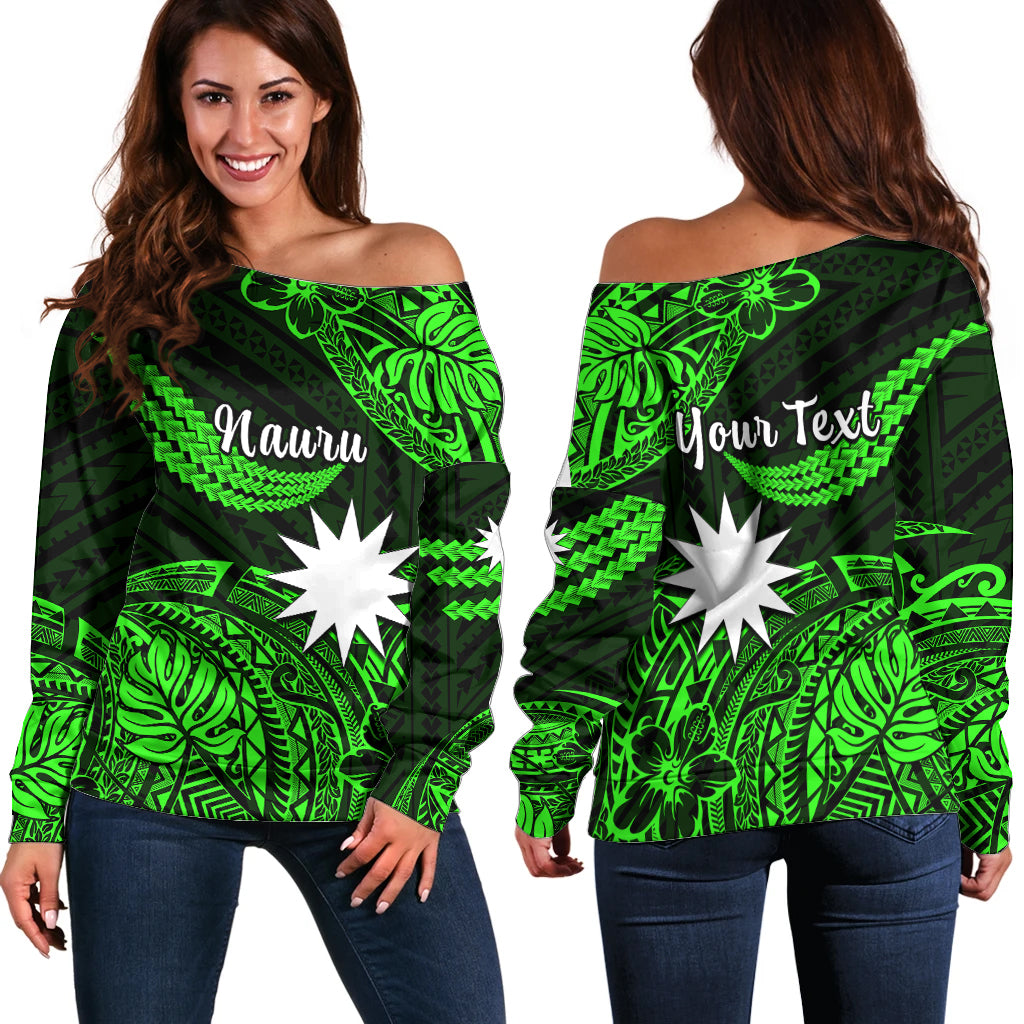 (Custom Personalised) Nauru Polynesian Hibiscus Naoero Green Off Shoulder Sweater LT14 Women Green - Polynesian Pride