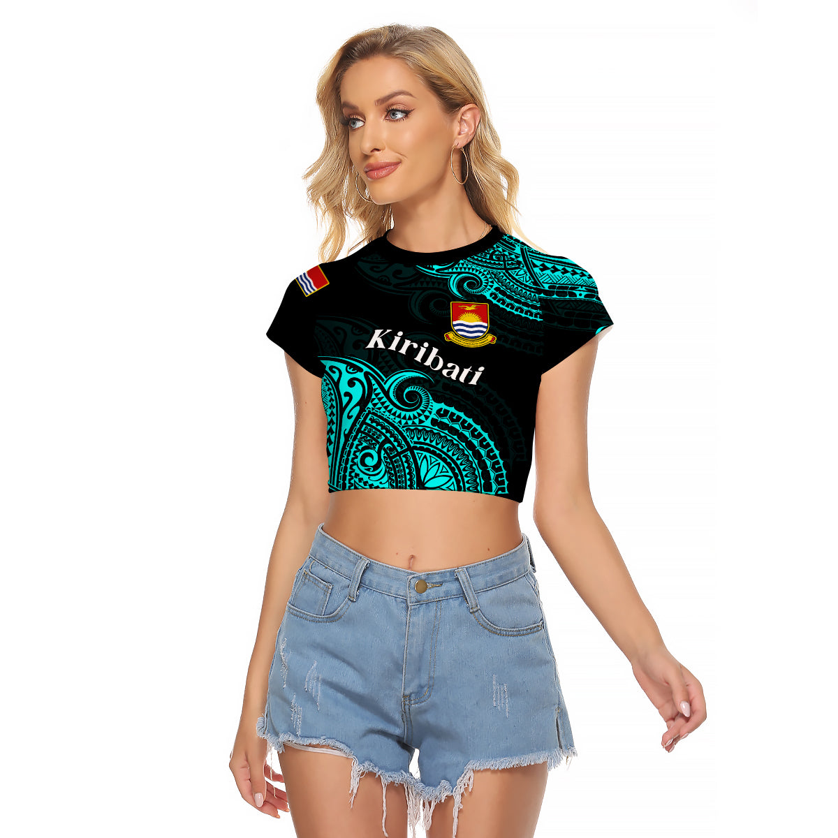 (Custom Personalised) Ribaberiki Kiribati Coat Of Arms Mix Cyan Polynesian Raglan Cropped T Shirt LT14 Female Cyan - Polynesian Pride